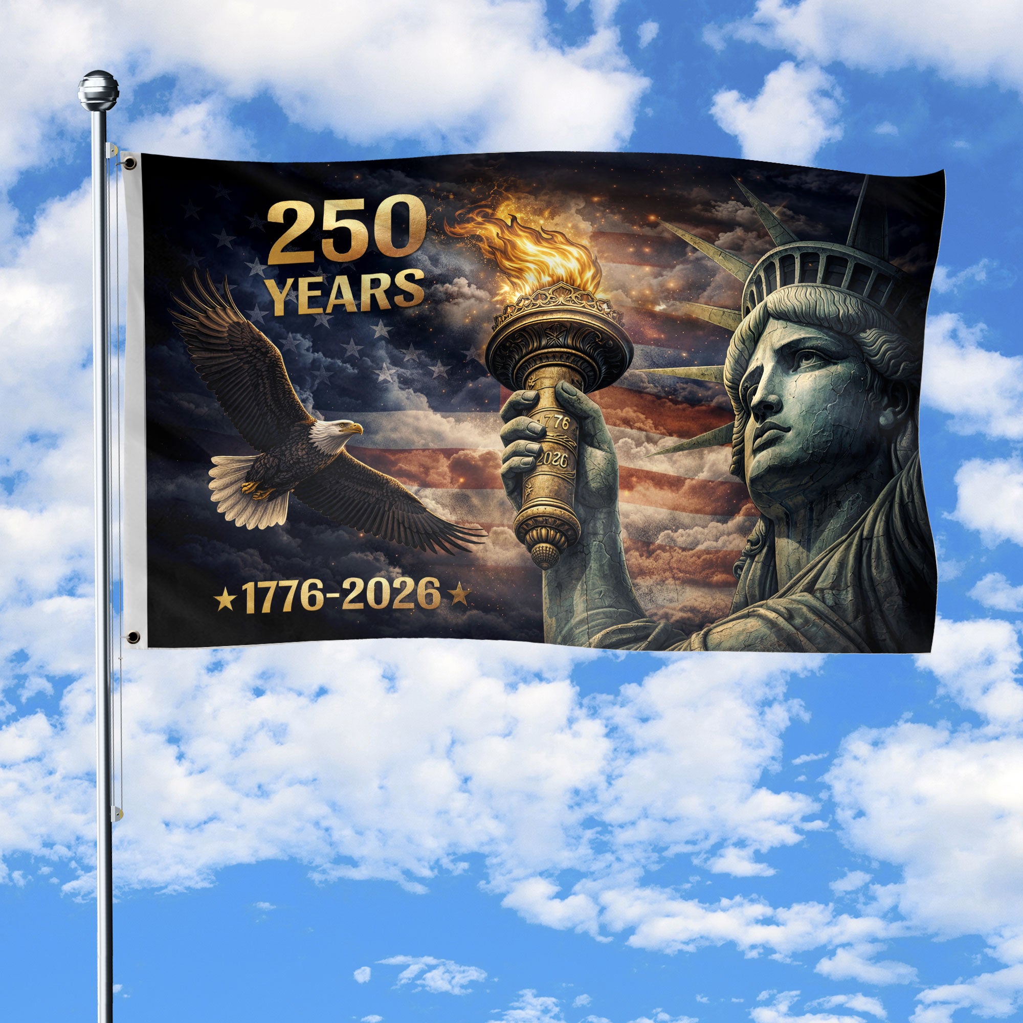 USA 250 Years Flag 1776–2026 – Statue of Liberty Torch & Eagle Patriotic Anniversary Flag