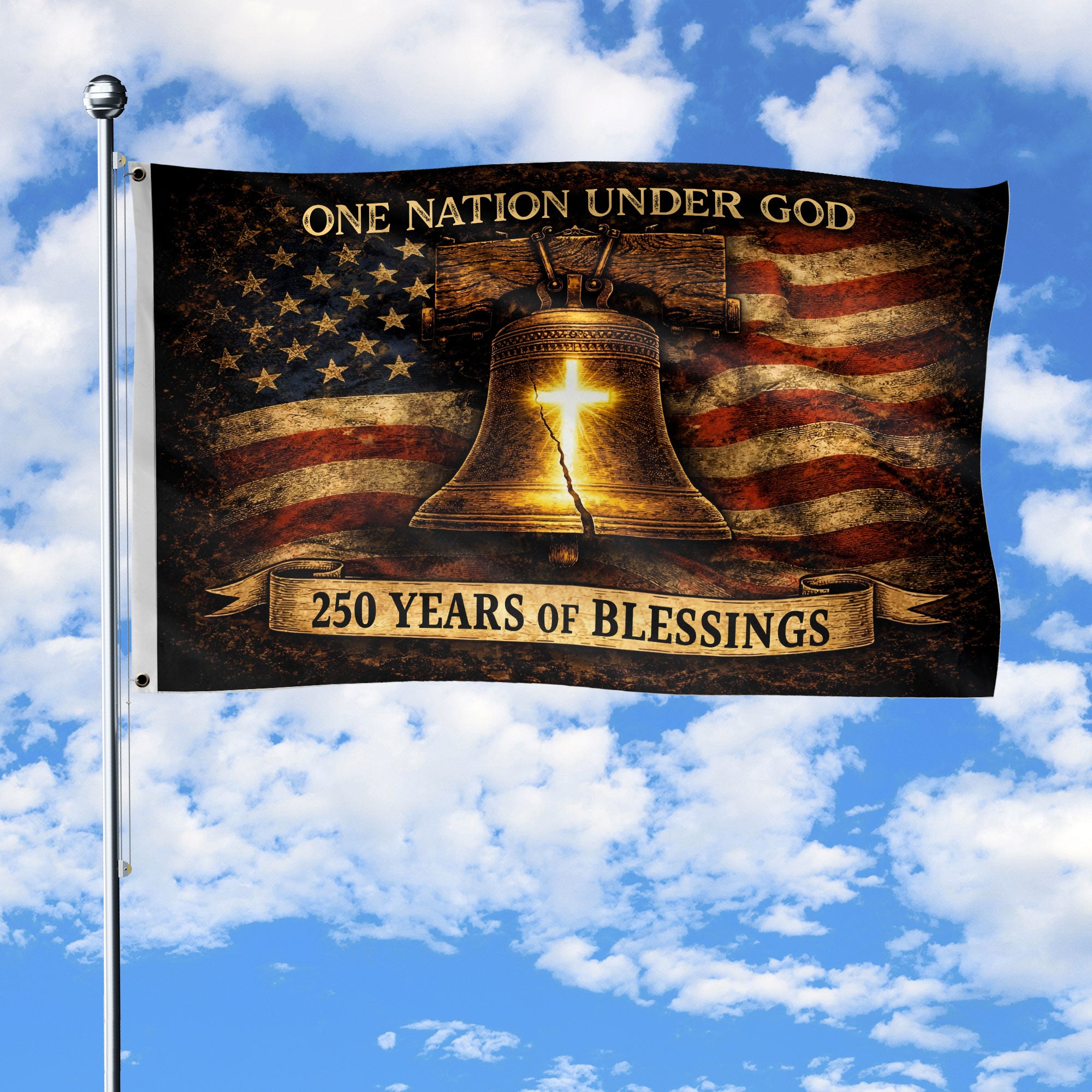 250th Anniversary Commemorative Flag - Liberty Bell Heritage & Holy Cross Faith and Freedom Decor - Rust Field Wear