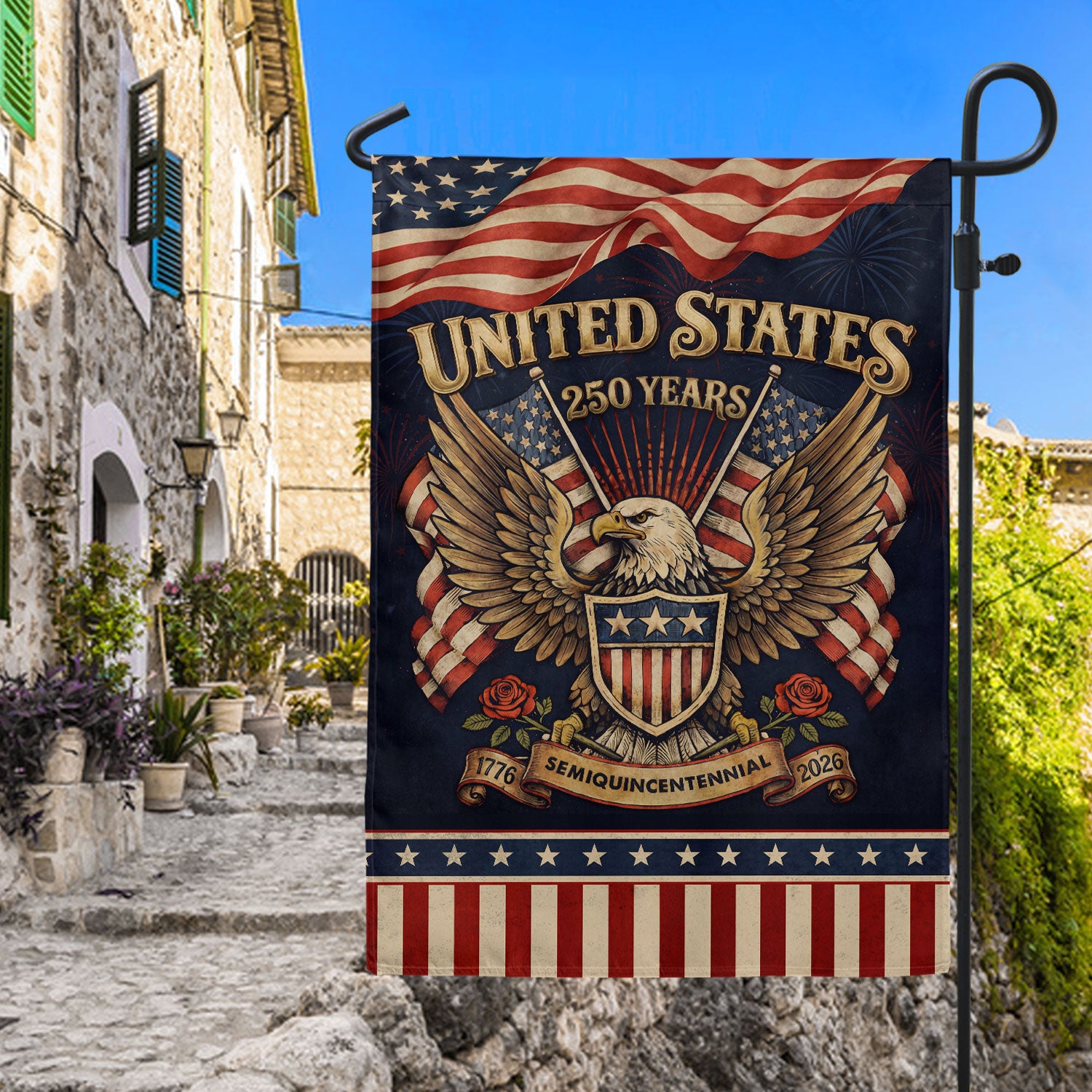 USA 250th Anniversary 1776–2026 House Flag – Patriotic Eagle & Roses Heritage Double Sided Yard Decor