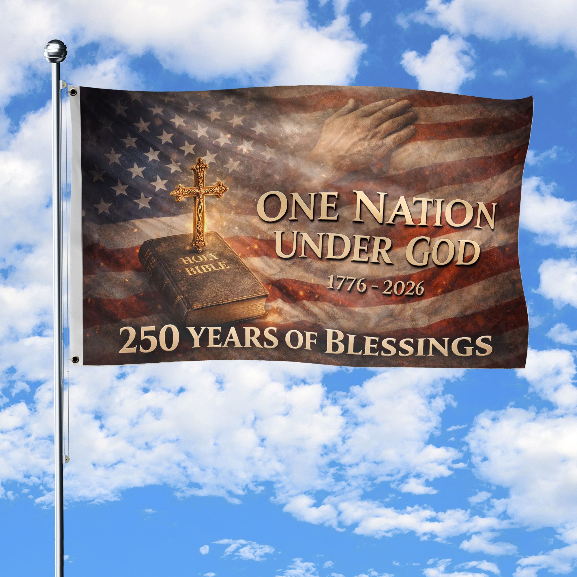 One Nation Under God 250th Anniversary 1776-2026 Patriotic Double Sided House Flag - 250 Years of Blessings Holy Bible & Cross Banner
