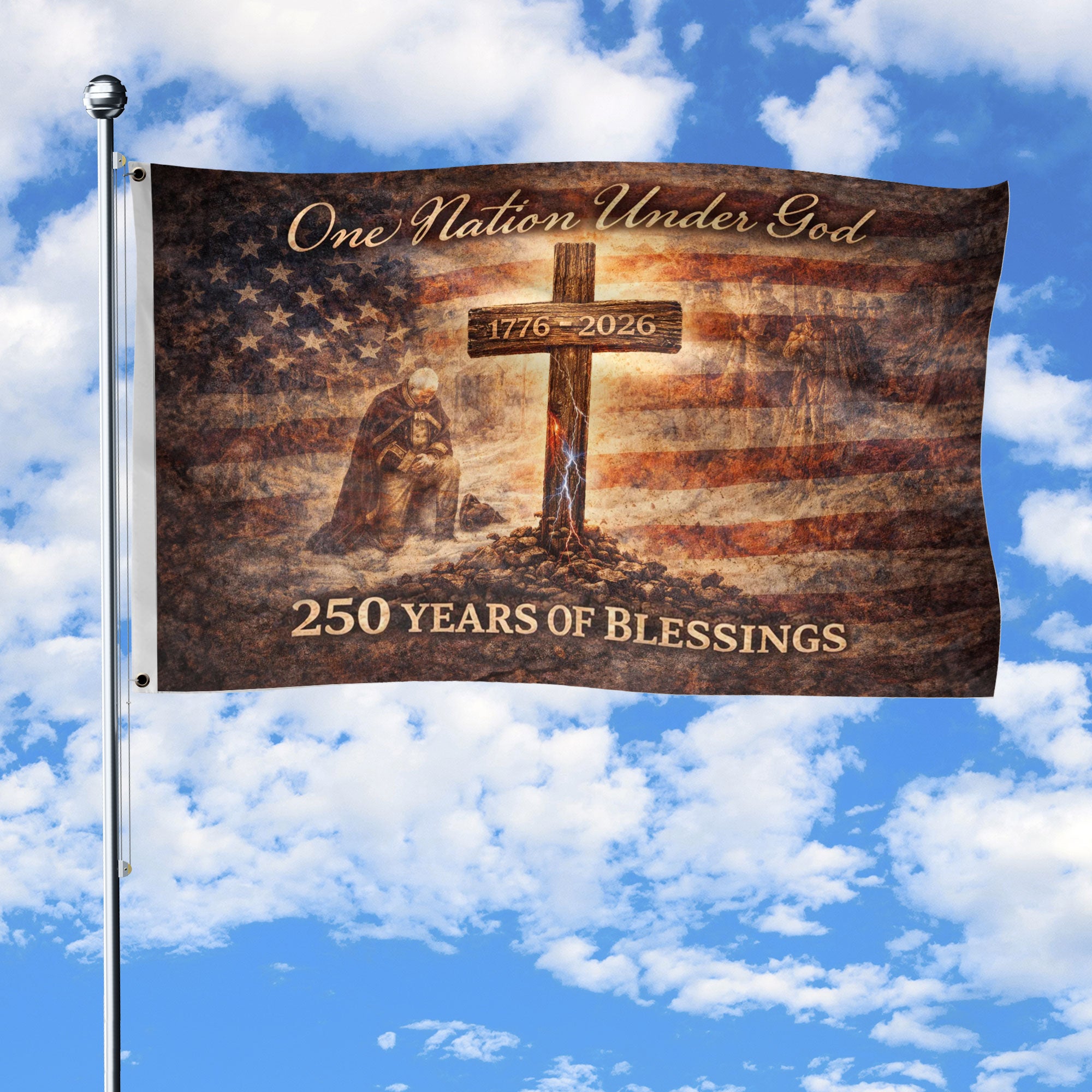 250 Years America Anniversary Flag, One Nation Under God 250 Years of Blessings Decor - Double Sided Faith & Patriotic House Banner