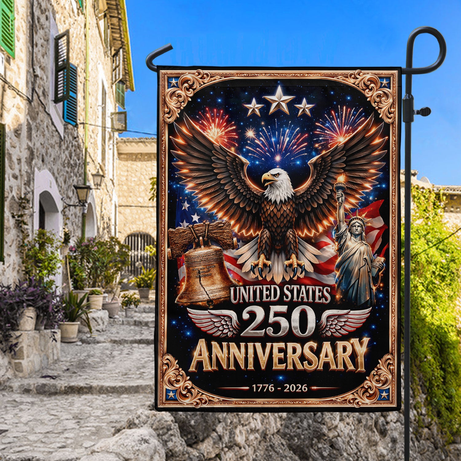 USA 250 Years 1776–2026 House Flag – Patriotic Fireworks & Liberty Heritage Double Sided Outdoor Decor