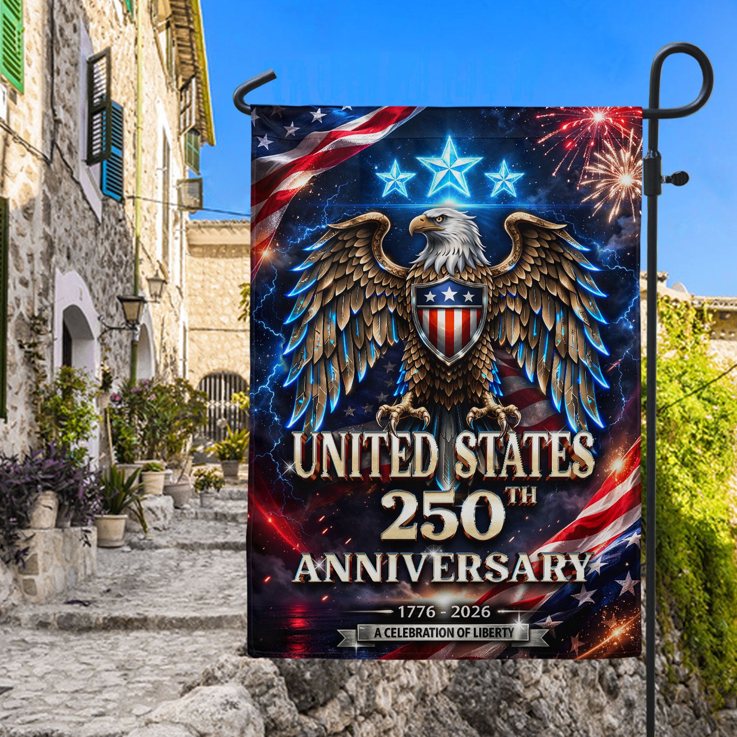 1776–2026 USA 250 Years House Flag – Bald Eagle & Fireworks Double Sided Patriotic Outdoor Banner