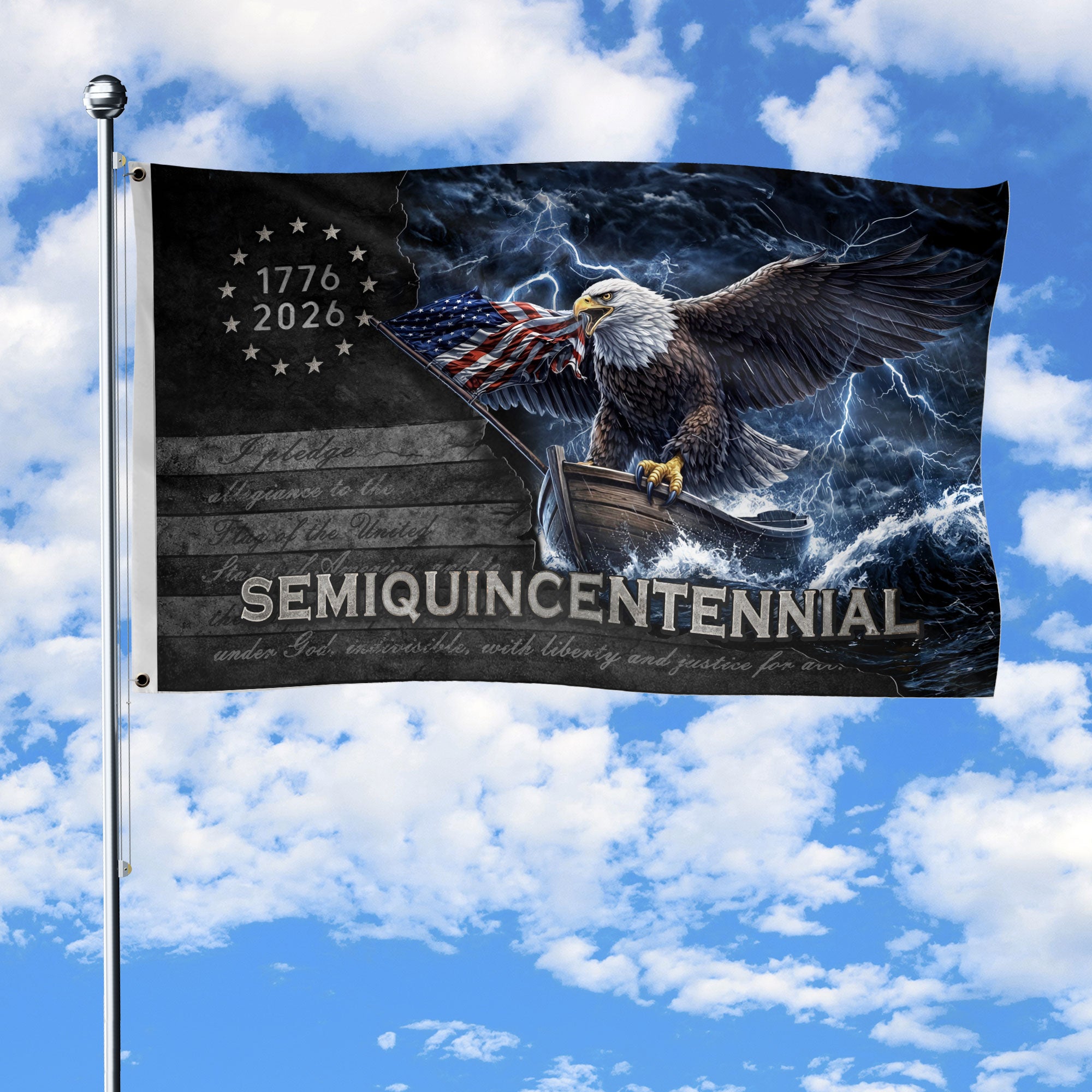 America 250th Anniversary Flag 1776-2026 – Bald Eagle & Lightning Bootleg Style House Flag