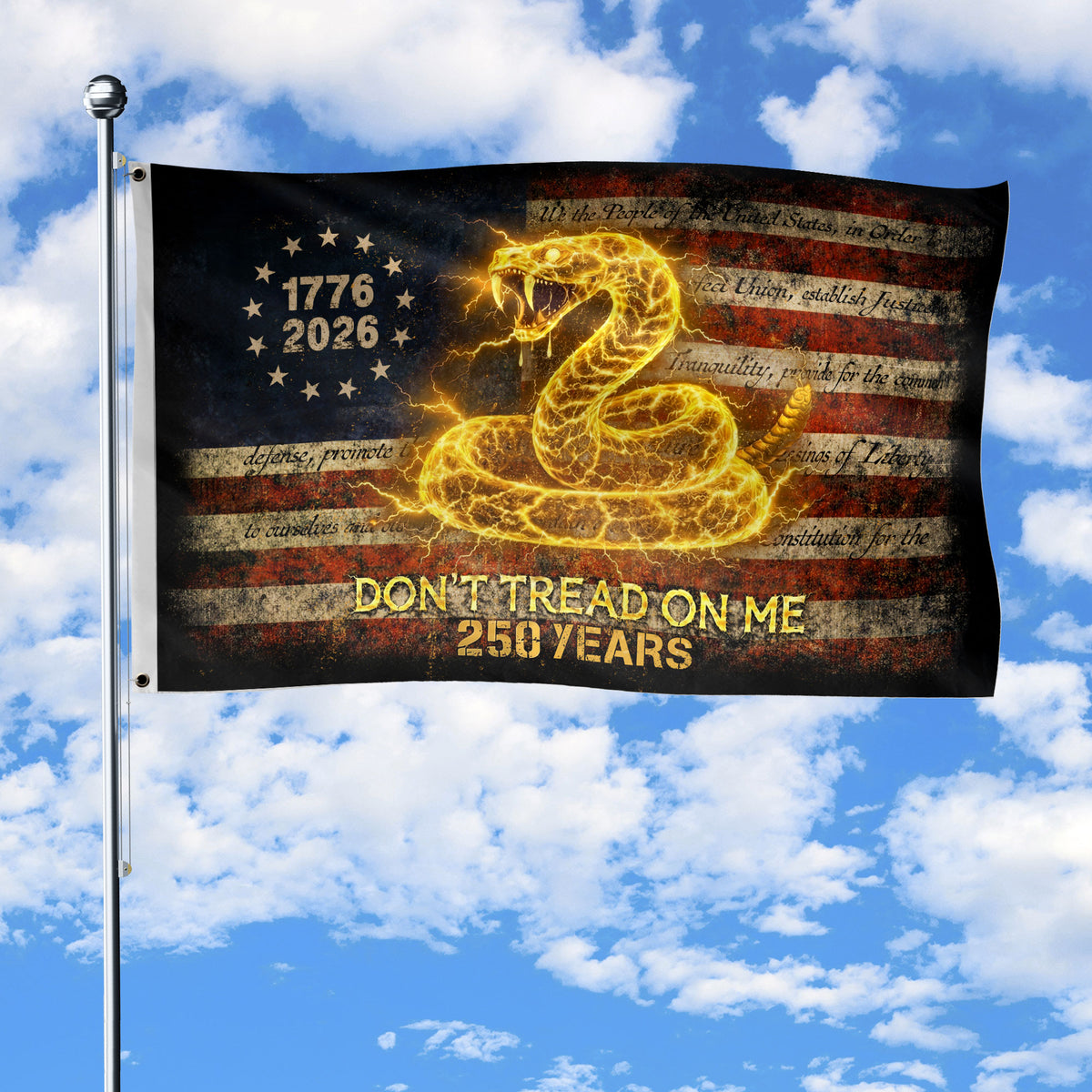 America 250th Anniversary Flag 1776-2026 – Don’t Tread On Me Gadsden Snake Banner upsale - Rust Field Wear