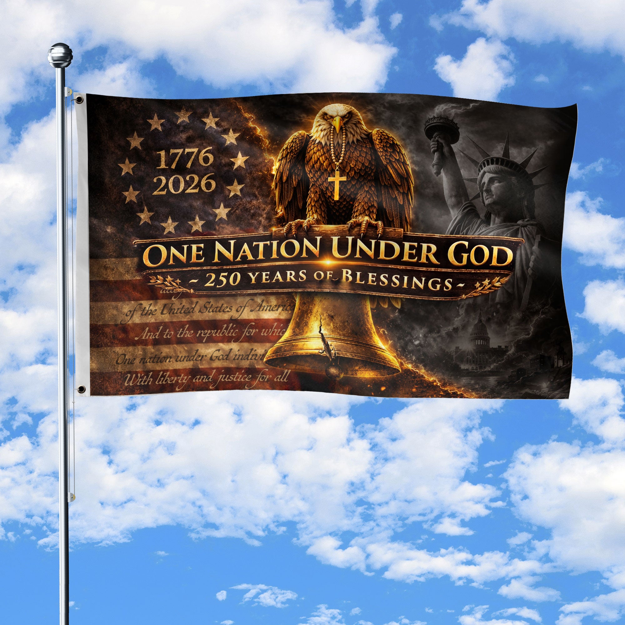 250 Years of Blessings Christian Flag 1776–2026 – Eagle & Liberty Bell Double Sided Patriotic House Flag - Rust Field Wear