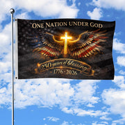 USA 250th Anniversary Cross Flag 1776–2026 – Glowing Cross & Angel Wings Double Sided Christian Banner - Rust Field Wear