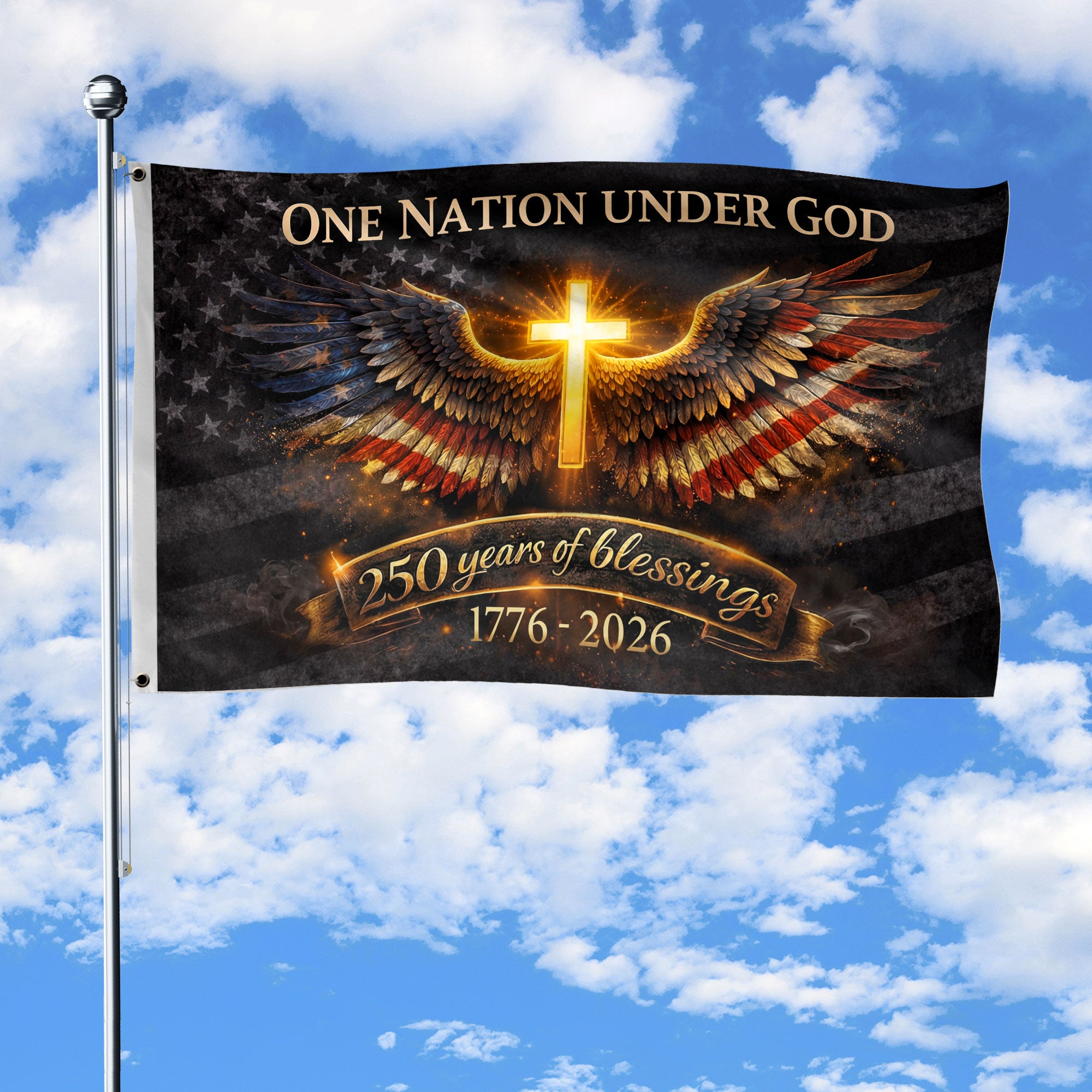 USA 250th Anniversary Cross Flag 1776–2026 – Glowing Cross & Angel Wings Double Sided Christian Banner - Rust Field Wear