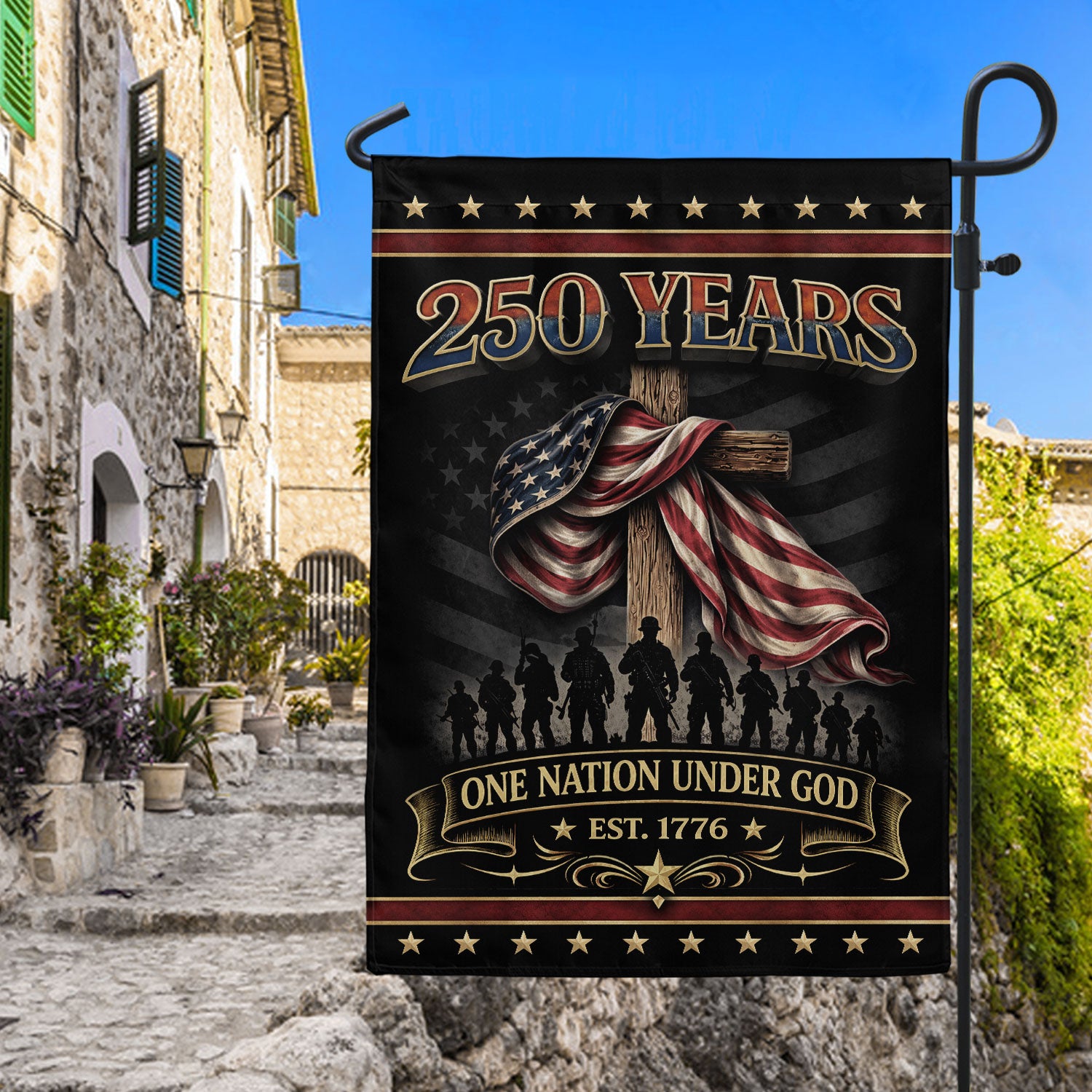 250th Anniversary USA Flag House Decor – One Nation Under God, We The People Cross House Flag, Faith and Freedom Patriotic Flag