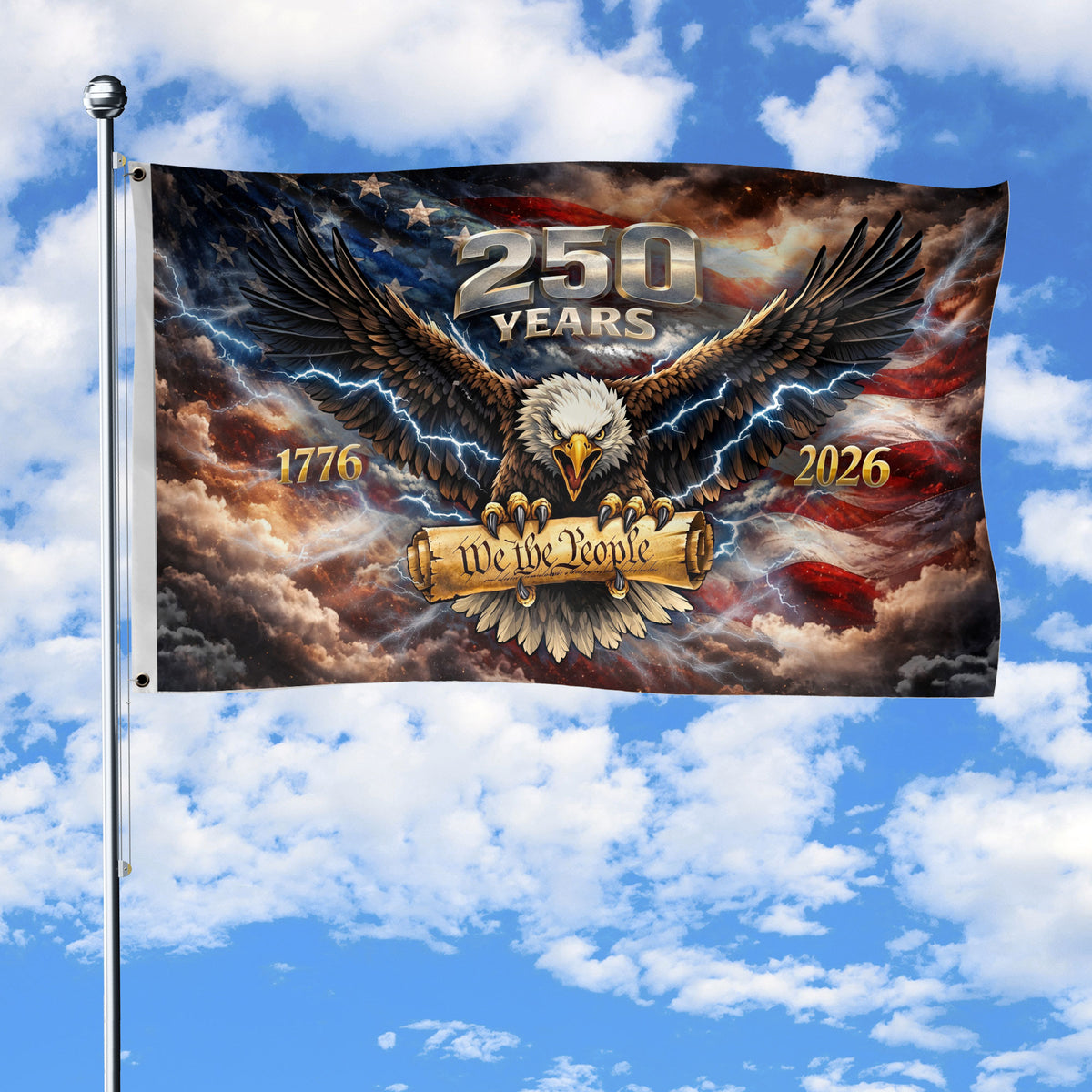 USA 250th Anniversary 1776–2026 House Flag – Vintage Bootleg Eagle We The People Lightning Double Sided Printing - Rust Field Wear