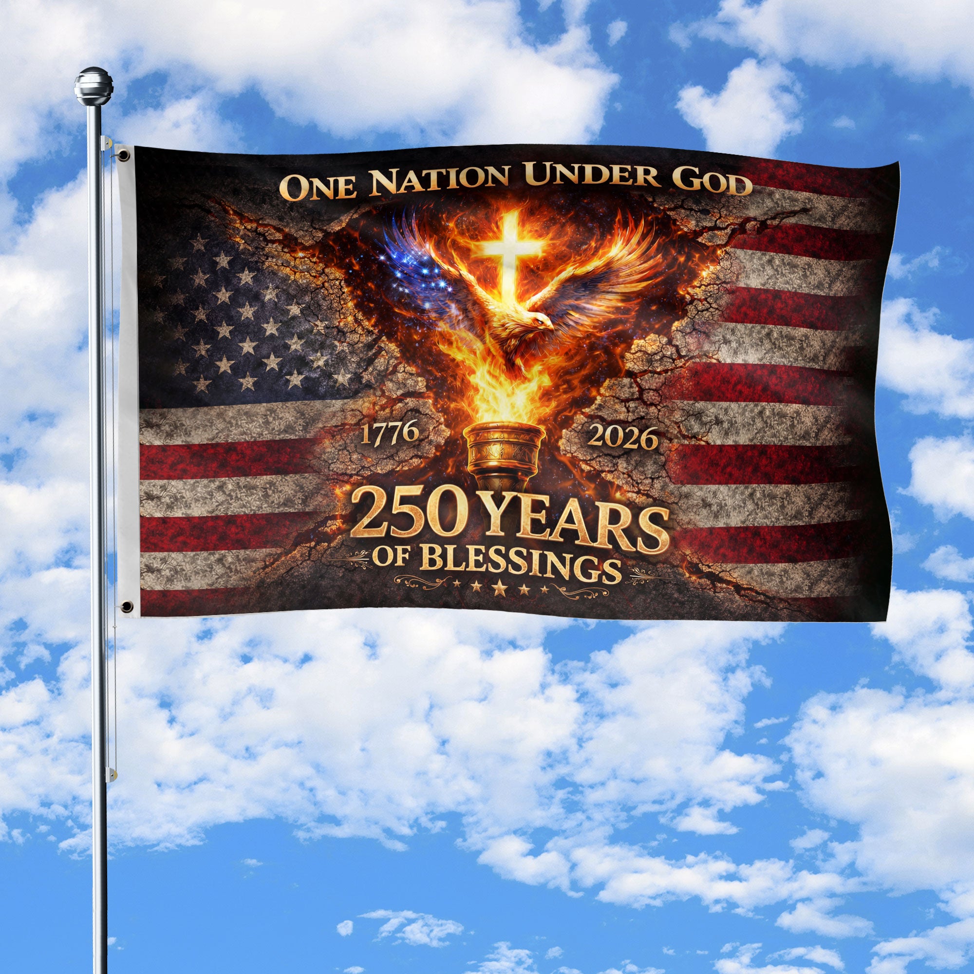 One Nation Under God 250 Years Flag 1776–2026 – Eagle & Cross Christian USA Double Sided House Flag - Rust Field Wear