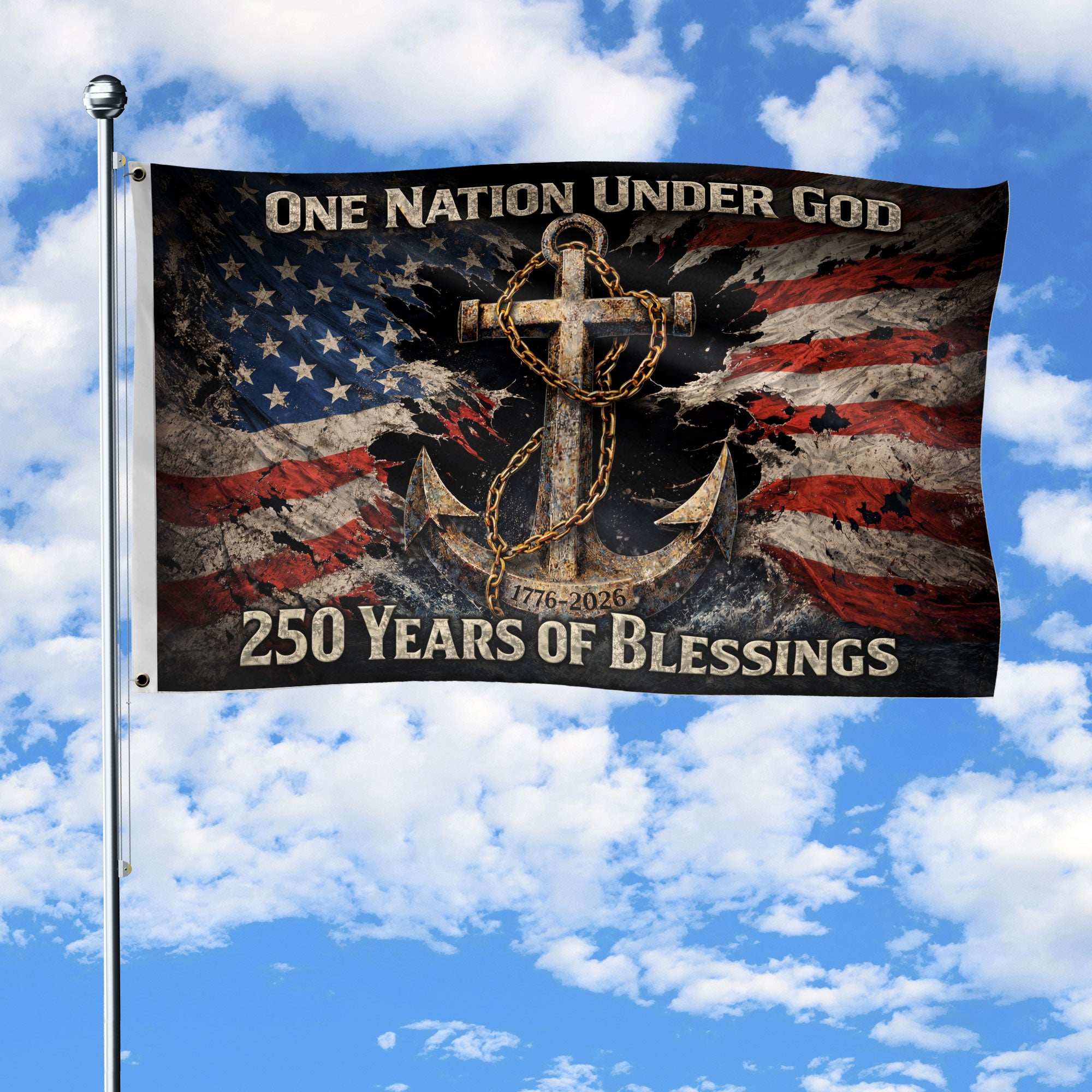 250 Years of Blessings Christian Flag 1776–2026 – Anchor Cross & Chain Patriotic Double Sided Banner - Rust Field Wear