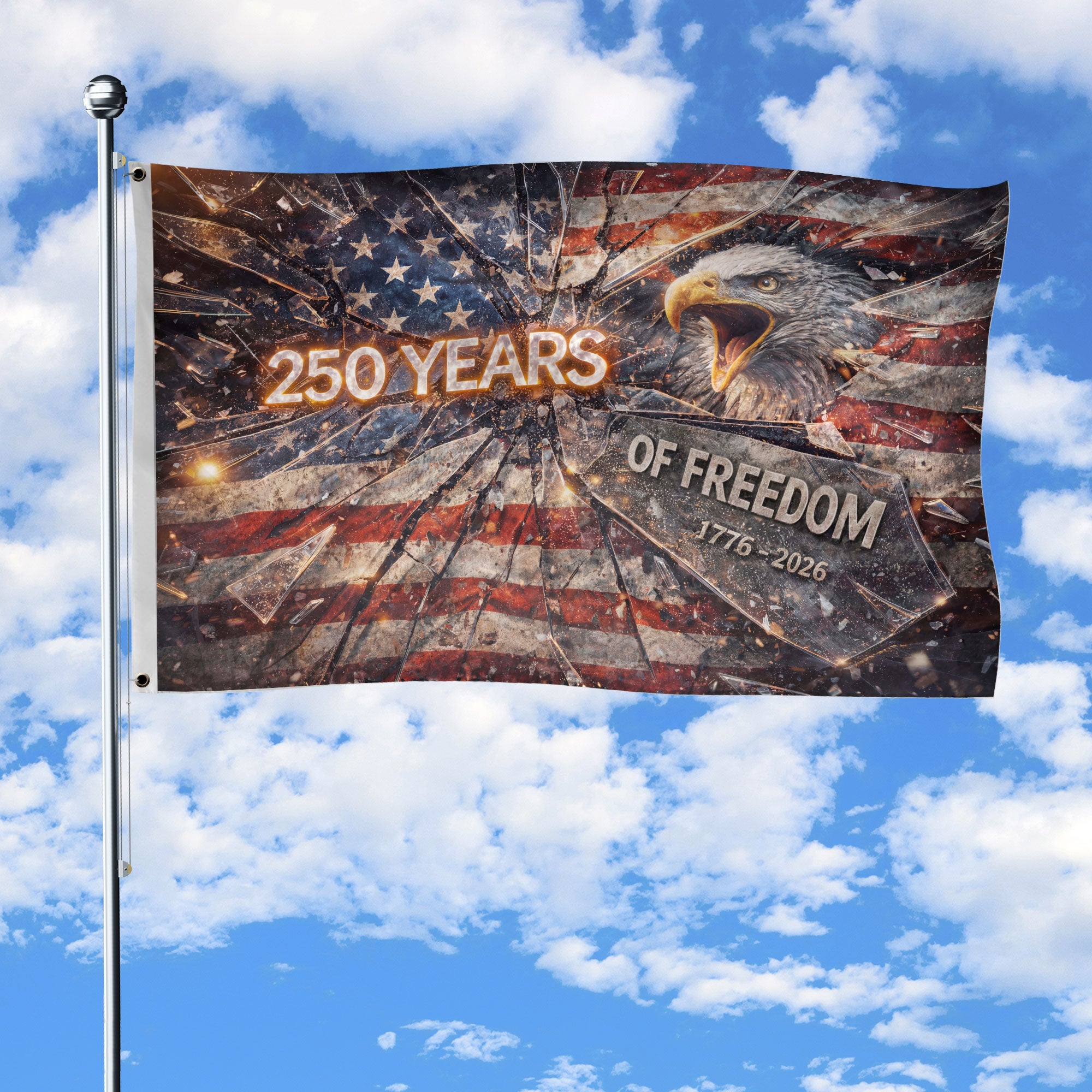 250 Years Flag 1776–2026 – Shattered Glass Eagle Christian Freedom House Flag - Rust Field Wear