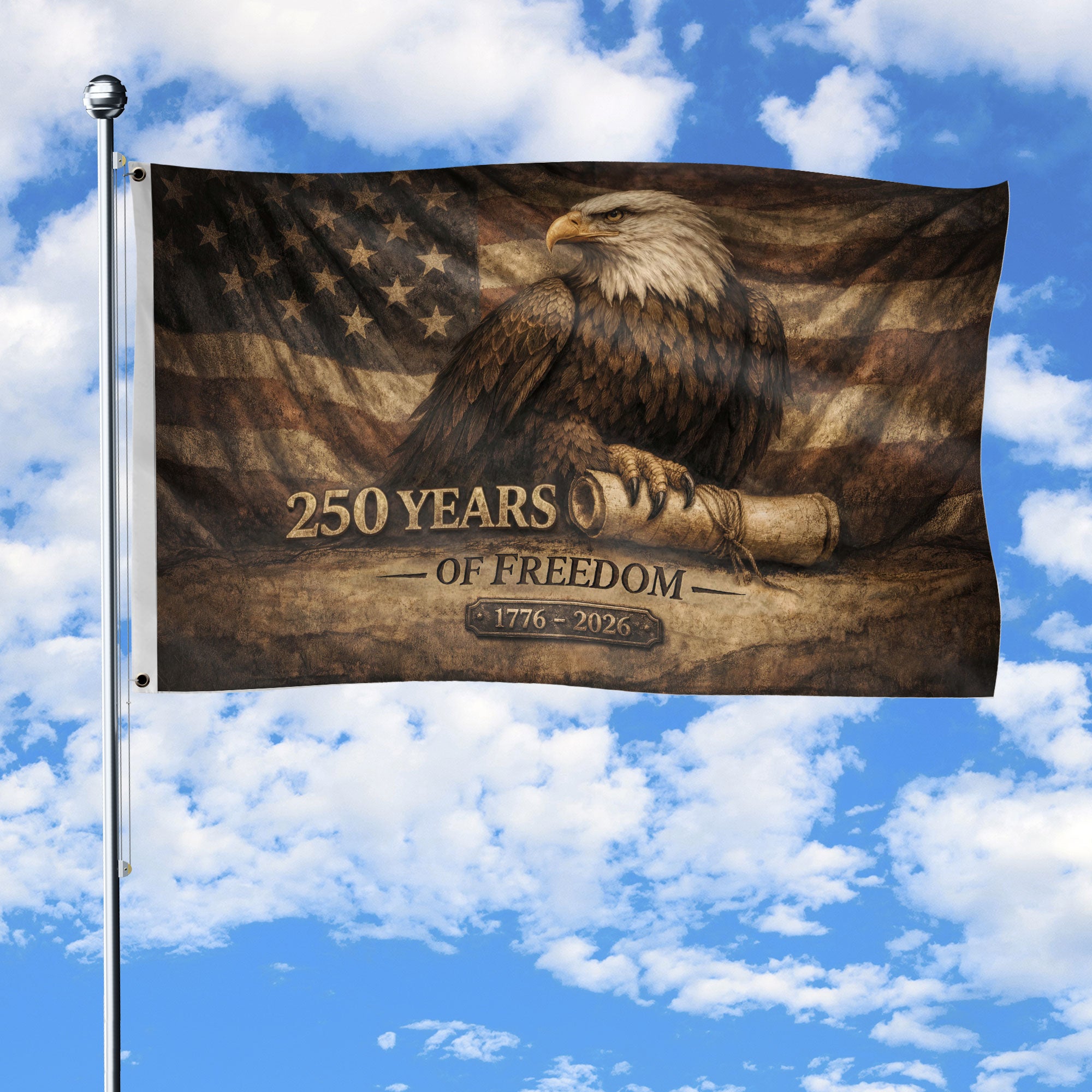 250 Years Of Freedom Flag 1776–2026 – Vintage Eagle Constitution Patriotic Banner - Rust Field Wear