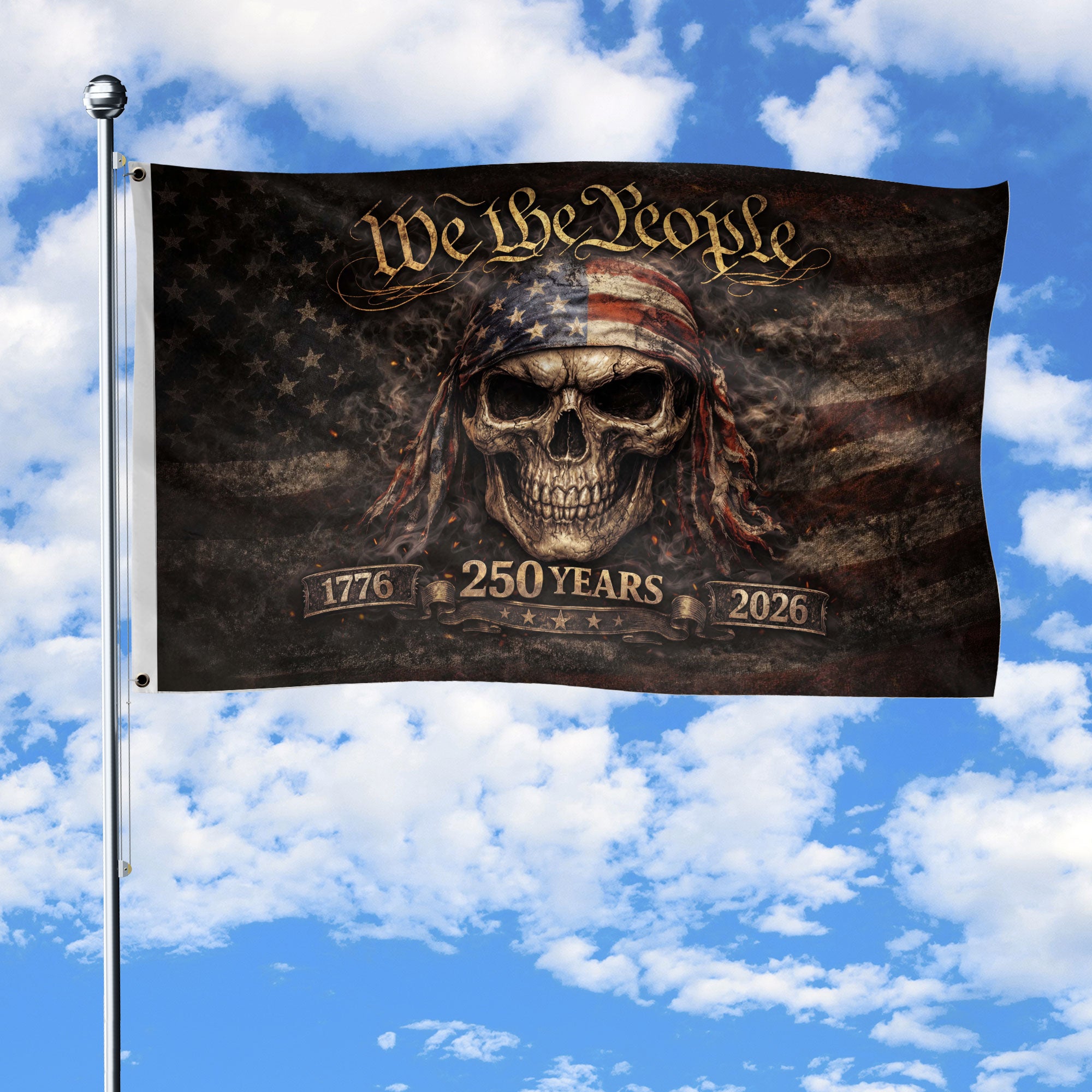 We The People 1776–2026 Flag – Patriotic Skull 250 Years House Flag. - Rust Field Wear