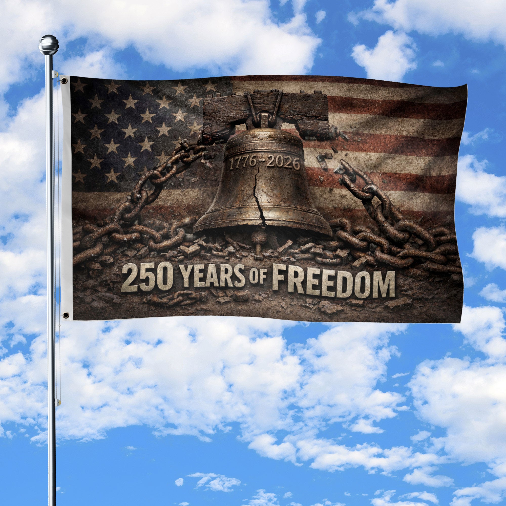 Proclaim Liberty Throughout The Land 250 Years Flag 1776–2026 – Liberty Bell Patriotic Banner - Rust Field Wear