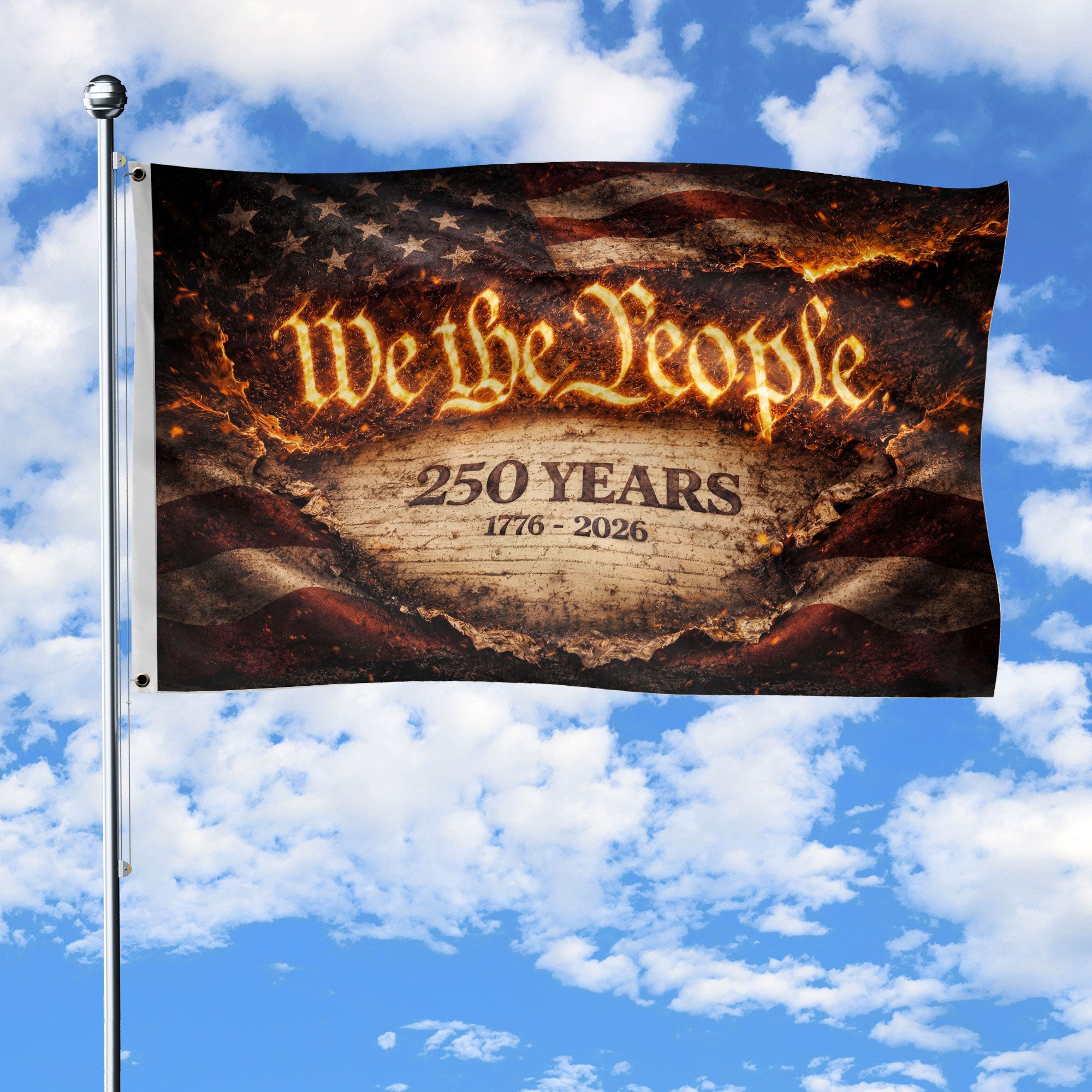 We The People 250 Years Flag 1776–2026 – Fire Style Patriotic Double Sided Yard Flag