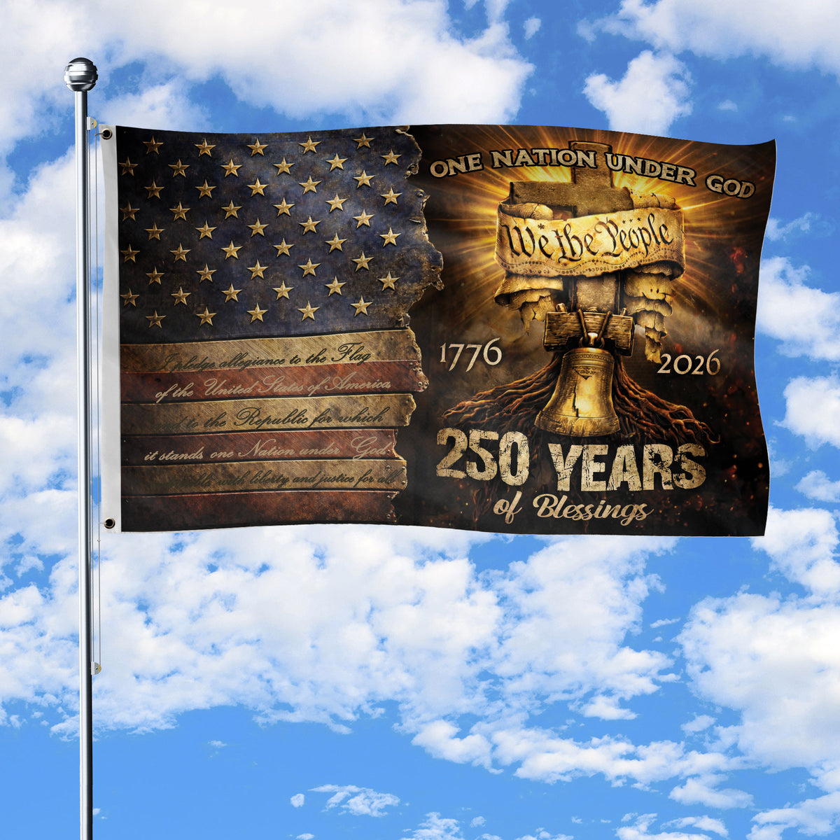 We The People Christian House Flag 250th Anniversary USA Flag 1776-2026 One Nation Under God - Rust Field Wear