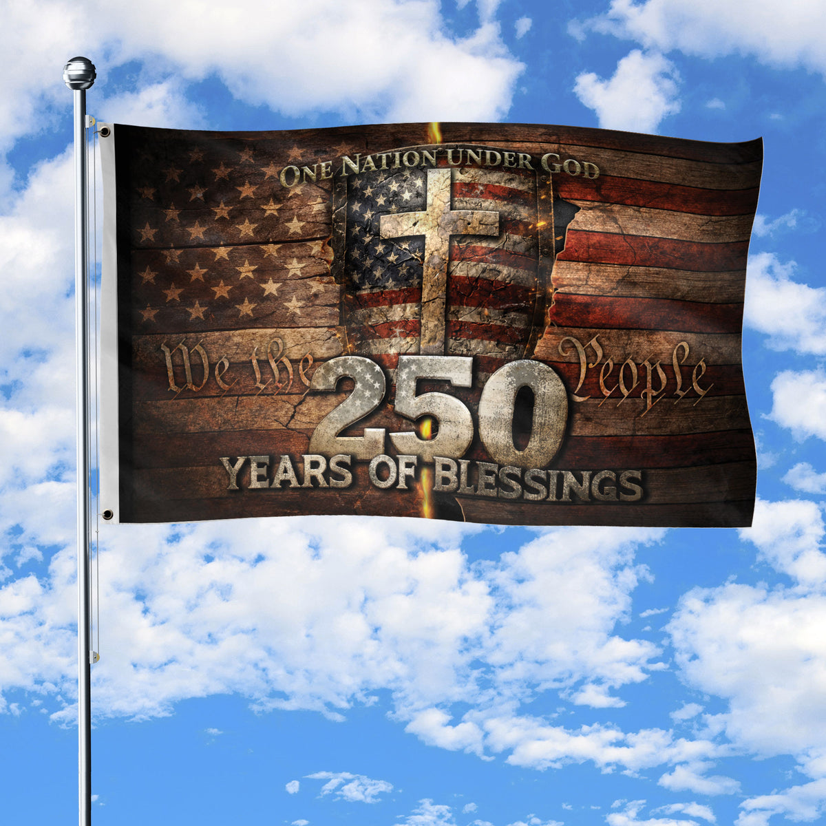 We The People Christian Cross House Flag 250th Anniversary USA Flag One Nation Under God - Rust Field Wear