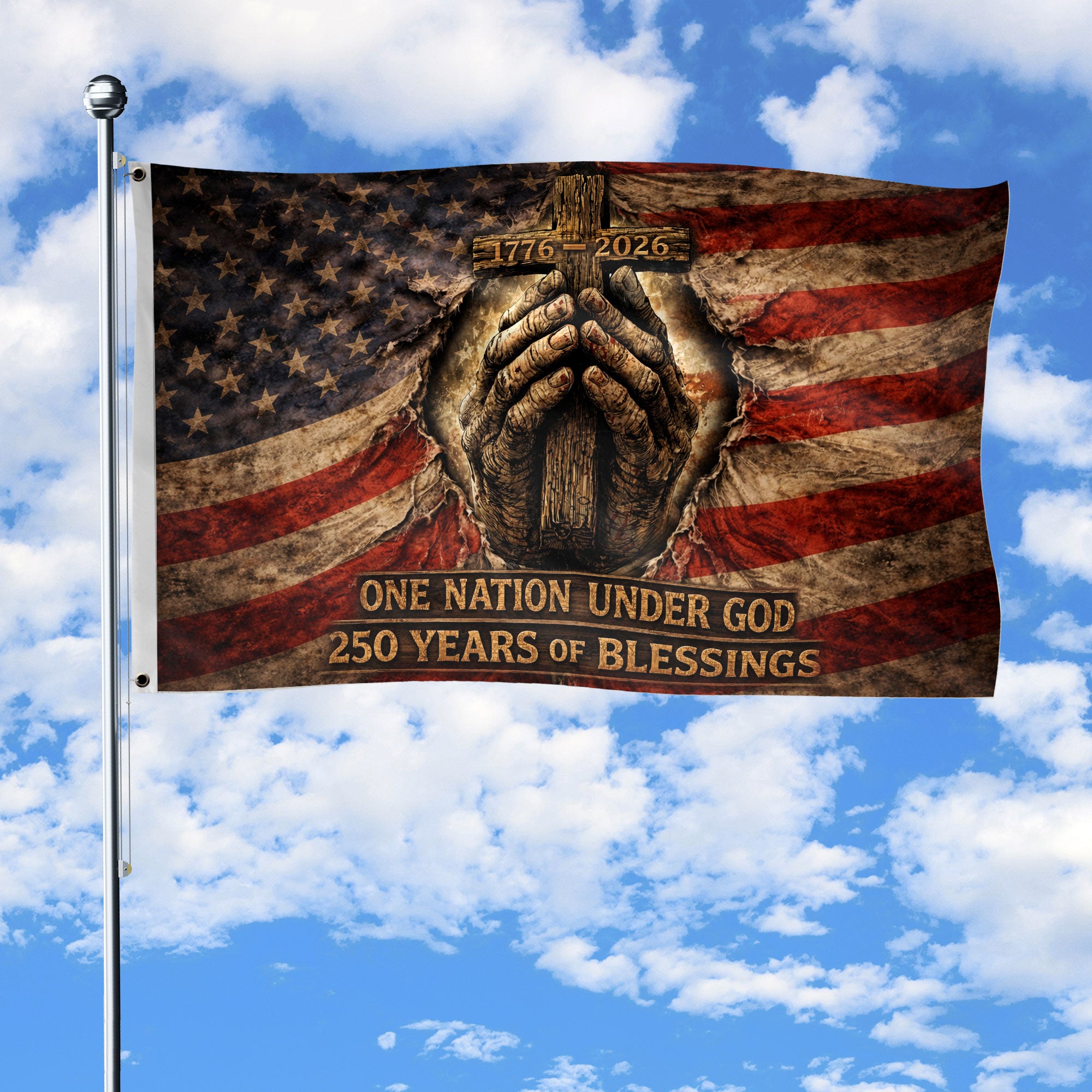 Christian Patriotic House Flag, Praying Hands Cross One Nation Under God Flag Decor - Rust Field Wear