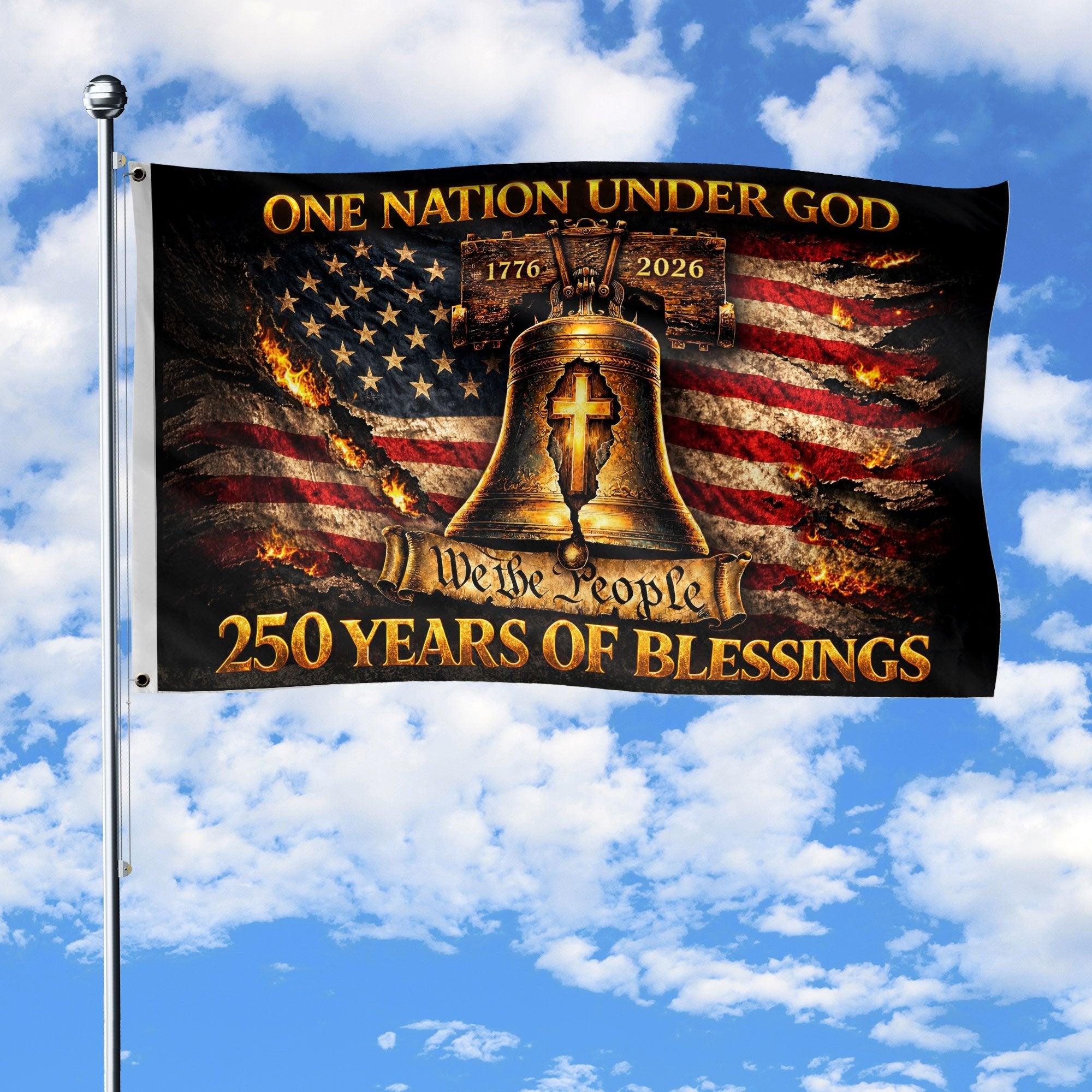Patriotic Christian House Flag Liberty Bell Cross One Nation Under God We The People - Rust Field Wear
