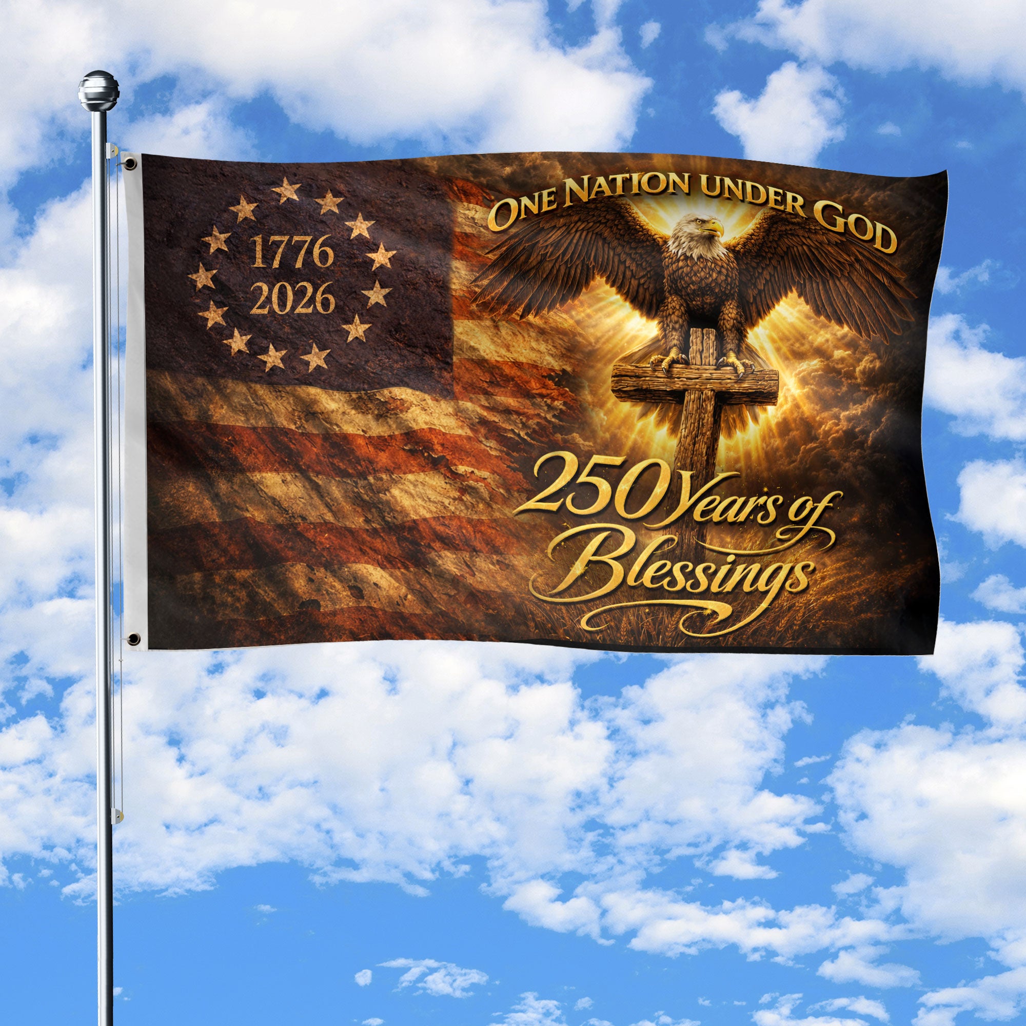 Patriotic Christian House Flag Eagle Cross One Nation Under God 1776–2026 Blessings Decor - Rust Field Wear