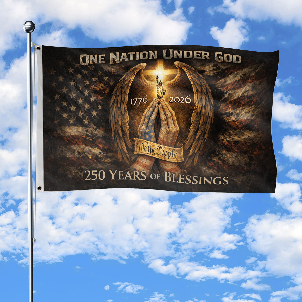 Christian Patriotic House Flag One Nation Under God 250th Anniversary USA Flag 1776–2026 - Rust Field Wear