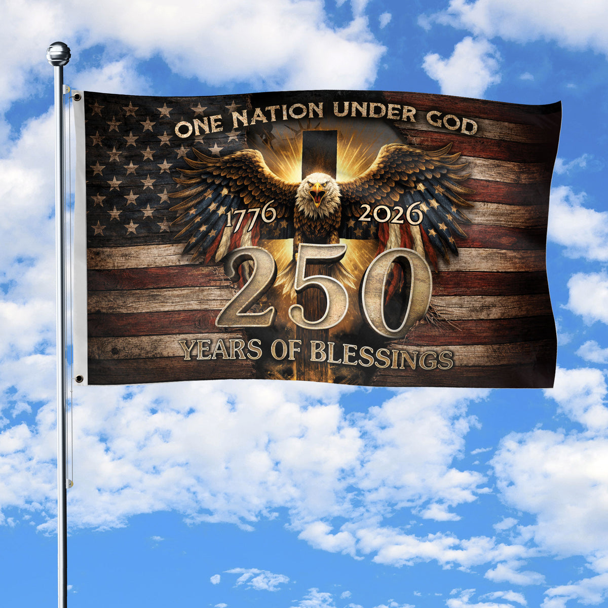 Patriotic Christian House Flag 250th Anniversary USA Flag 1776–2026 One Nation Under God Eagle Cross - Rust Field Wear