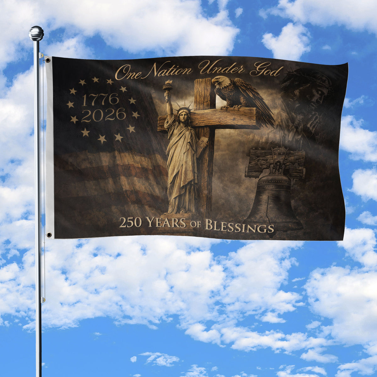 Christian Faith Patriotic House Flag 1776–2026 USA 250th Anniversary Flag One Nation Under God Eagle Cross - Rust Field Wear