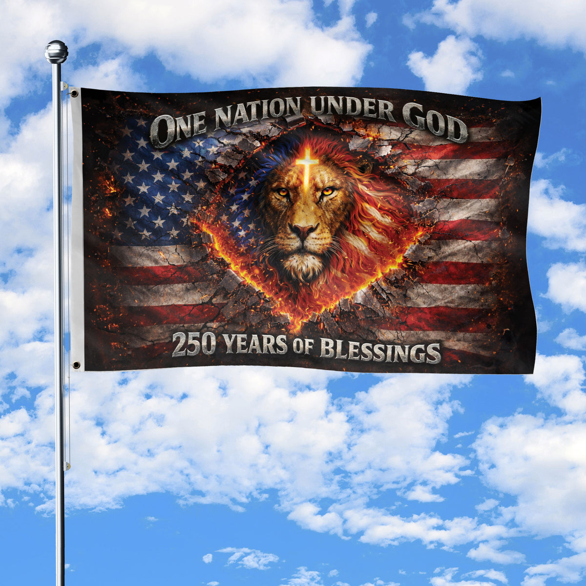 Christian Lion Cross Patriotic House Flag One Nation Under God 250th Anniversary USA Flag 1776–2026 Blessings Design - Rust Field Wear