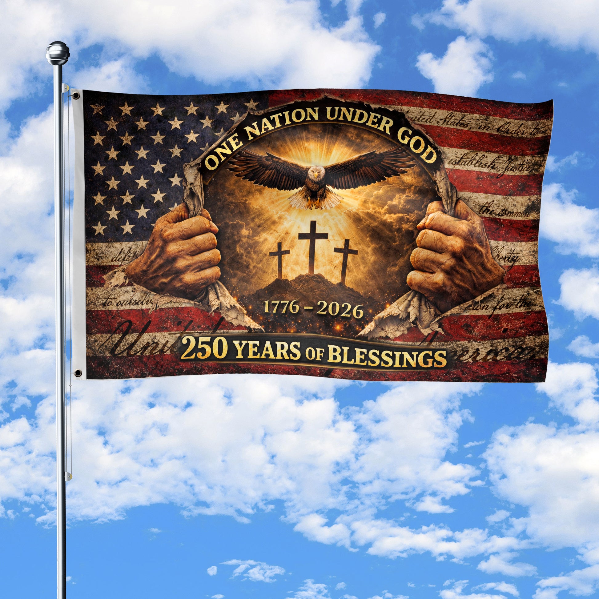 250 Years of Blessings Flag 1776-2026 One Nation Under God Christian American Eagle Banner 3x5ft - Rust Field Wear