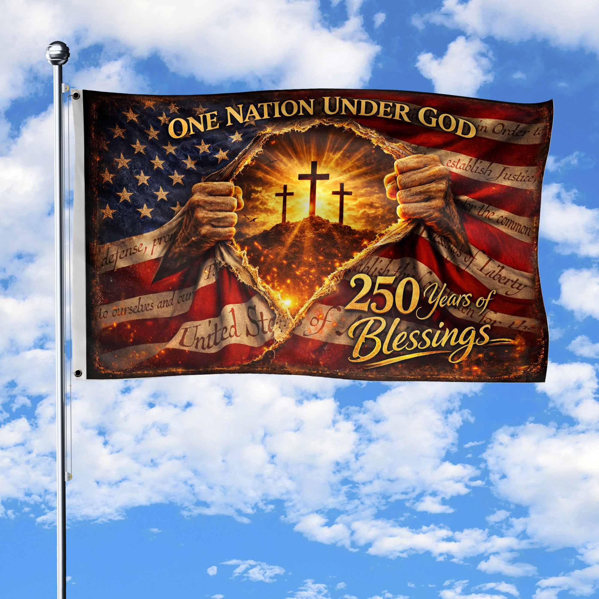 250 Years of Blessings Flag One Nation Under God Christian Three Crosses Patriotic Banner 3x5ft