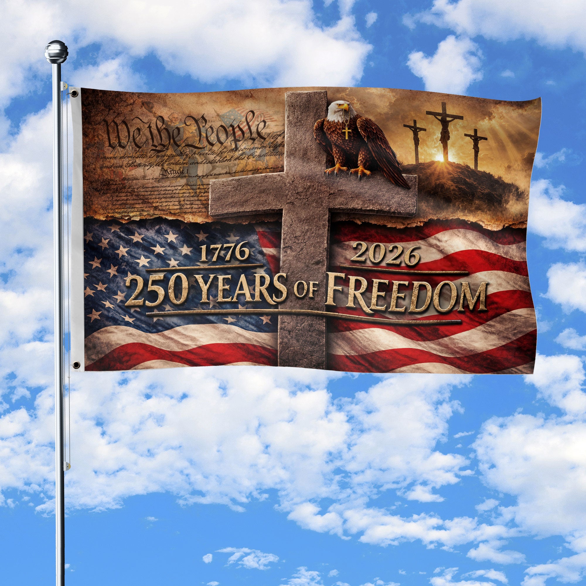 US 250 Years of Freedom Flag 3x5 ft Christian Cross Eagle 1776-2026 Patriotic Banner