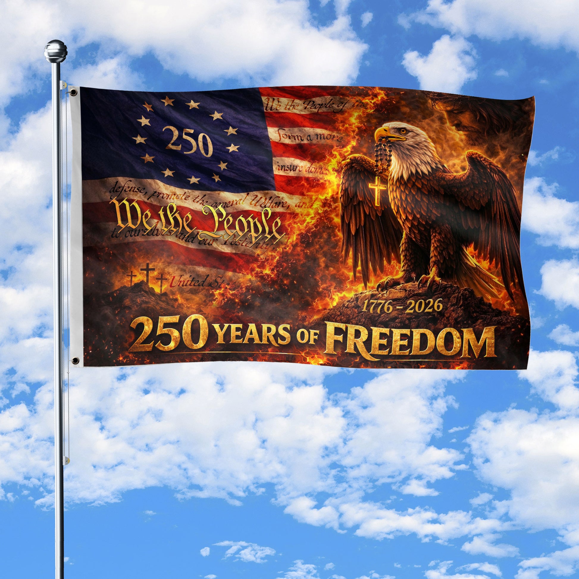 Christian We The People USA 250th Anniversary House Flag Eagle Cross 1776–2026 250 Years Freedom Patriotic Flag - Rust Field Wear