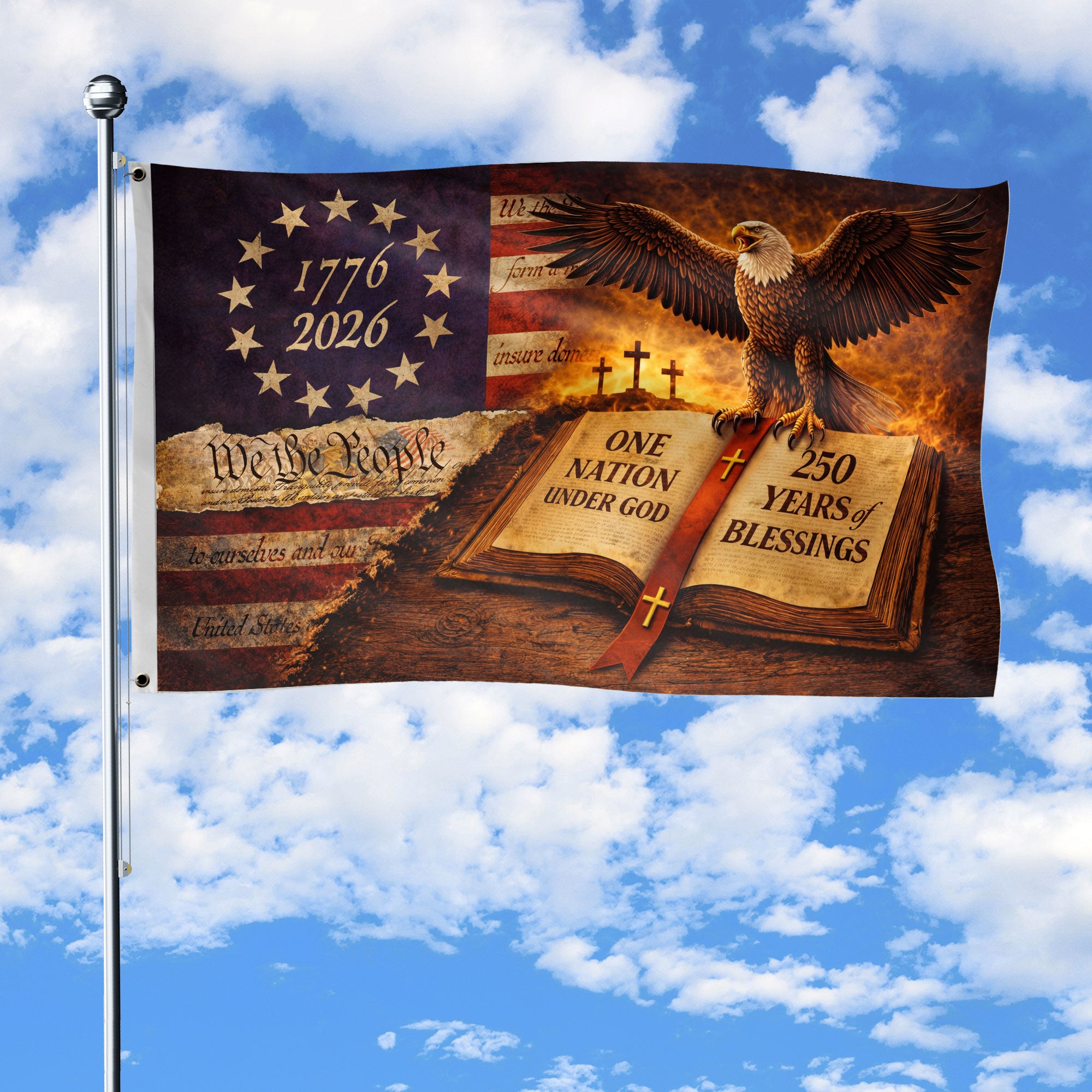 250 Years of Blessings Flag 1776-2026 We The People Bible Christian American Eagle Banner 3x5ft