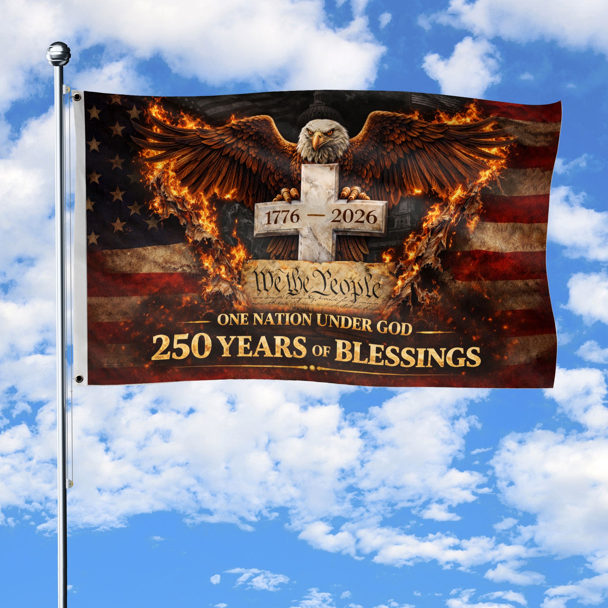 250 Years of Blessings Flag 1776-2026 We The People Christian Eagle Cross USA Banner 3x5ft - Rust Field Wear