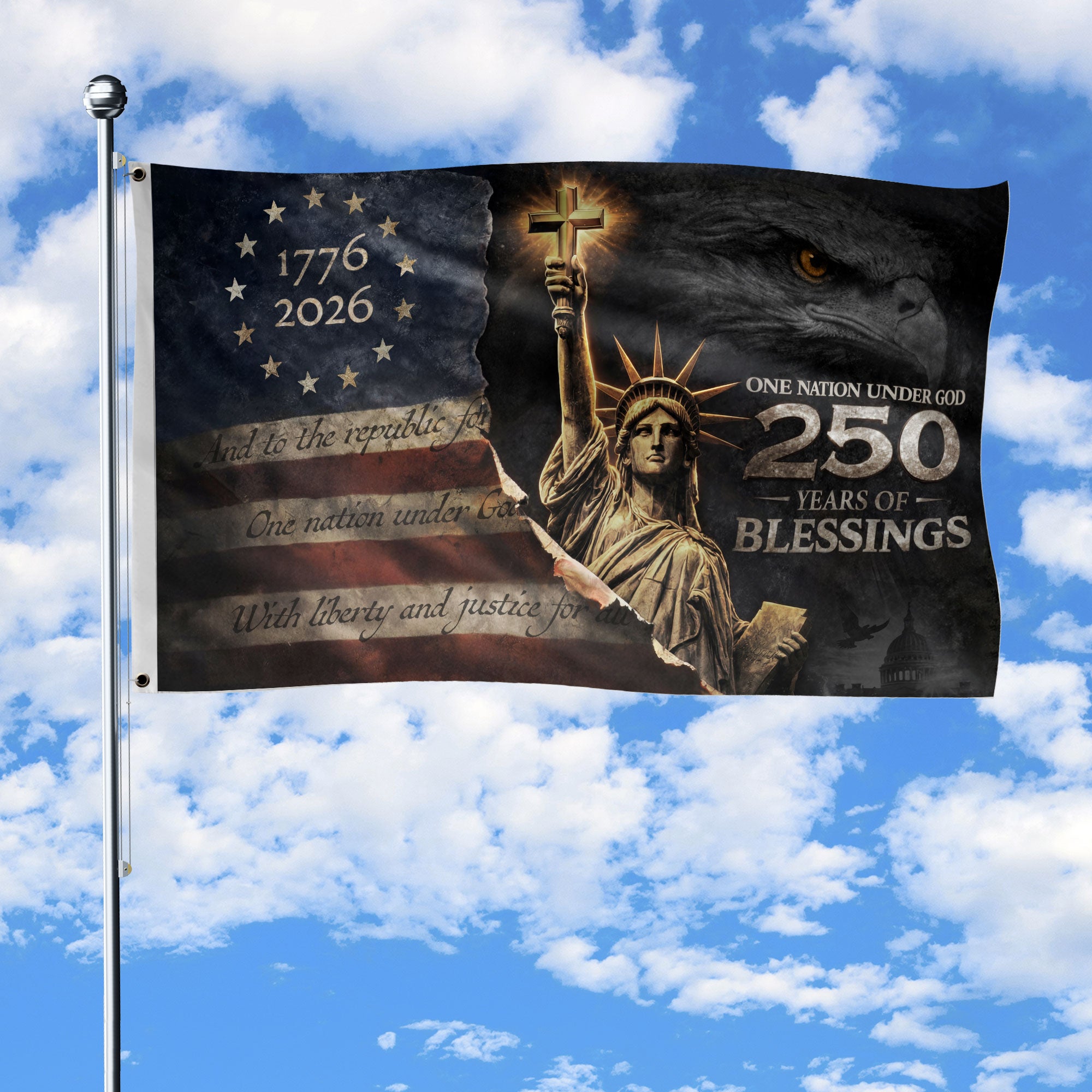 250 Years of Blessings Flag 1776-2026 Statue of Liberty Cross Christian Eagle Banner 3x5ft - Rust Field Wear