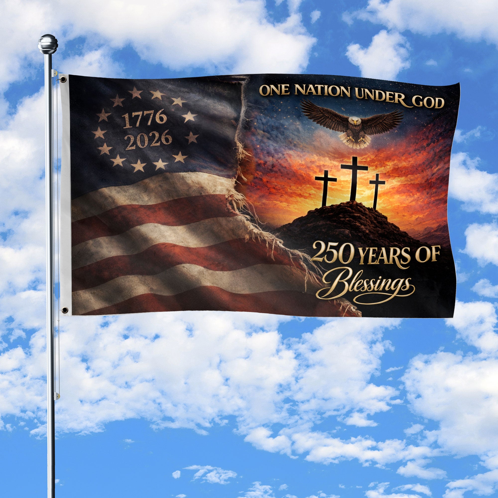 250th Anniversary USA Christian House Flag Three Crosses One Nation Under God Decor - Rust Field Wear