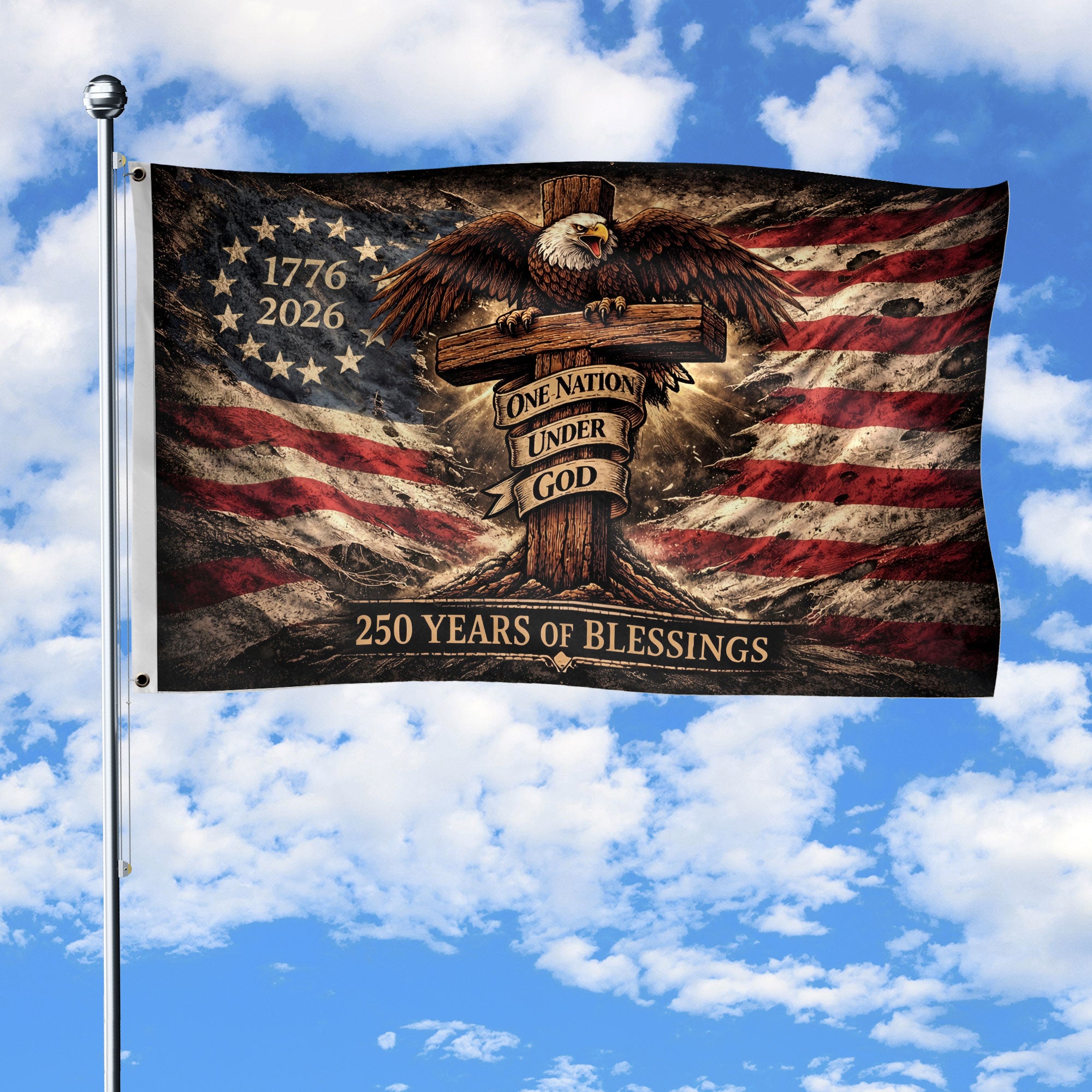 Patriotic Christian House Flag One Nation Under God Eagle Cross 250 Years Blessings 1776-2026 - Rust Field Wear