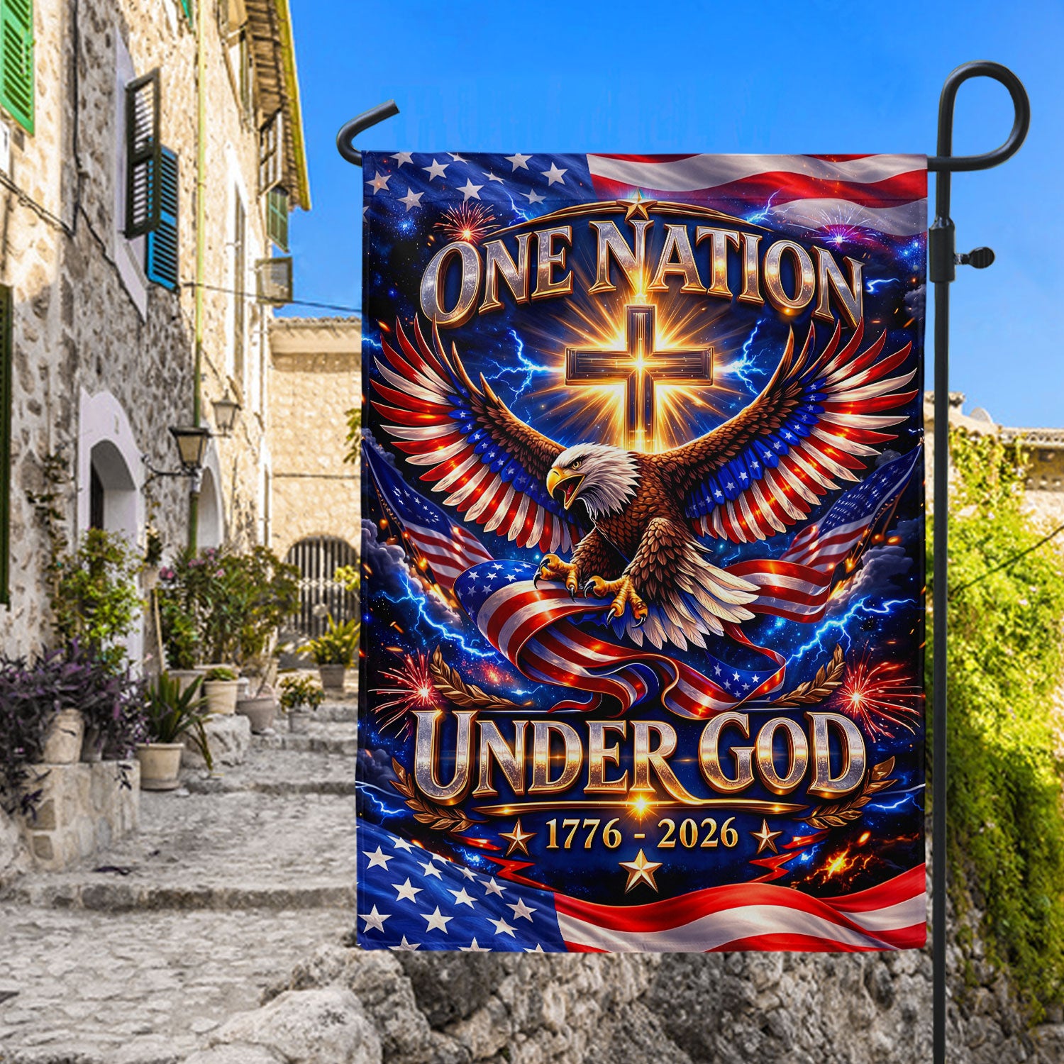 Christian One Nation Under God 250th Anniversary USA House Flag 1776–2026 Eagle Cross Patriotic Faith Banner