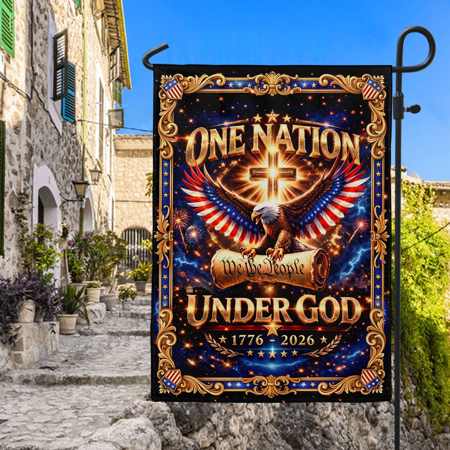 Christian We The People One Nation Under God 250th Anniversary USA House Flag 1776–2026 Eagle Cross Patriotic Design