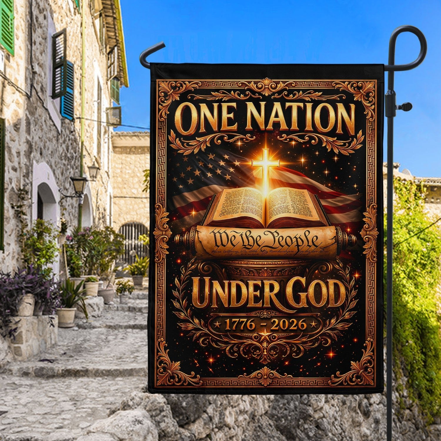 Christian One Nation Under God 250th Anniversary USA Garden Flag 1776–2026 Bible Cross We The People Patriotic Design - Rust Field Wear
