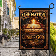 Christian One Nation Under God 250th Anniversary USA Garden Flag 1776–2026 Bible Cross We The People Patriotic Design - Rust Field Wear