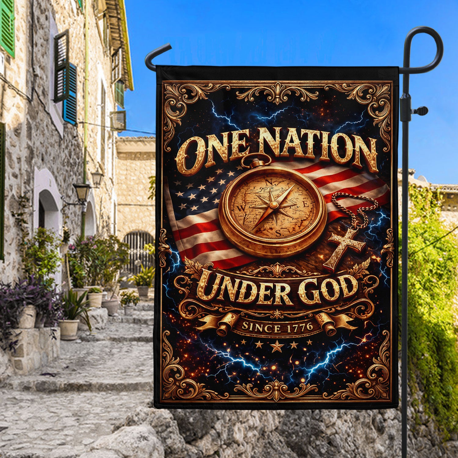Christian One Nation Under God Since 1776 250th Anniversary USA House Flag Compass Cross Patriotic Faith Design