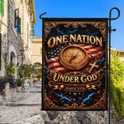 Christian One Nation Under God Since 1776 250th Anniversary USA Garden Flag Compass Cross Patriotic Design - Rust Field Wear