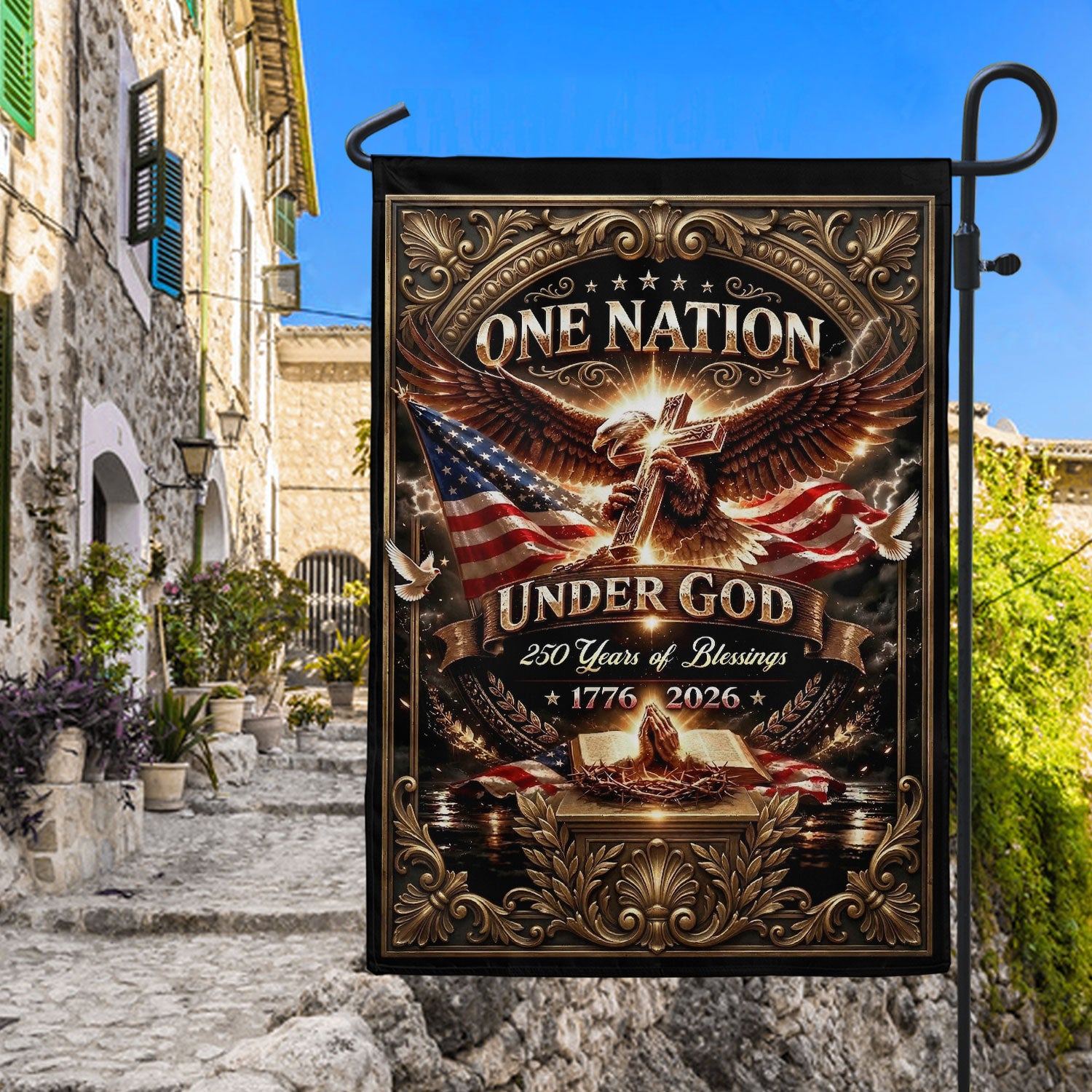 Christian One Nation Under God 250 Years of Blessings USA House Flag 1776–2026 Eagle Cross Patriotic Faith Banner - Rust Field Wear