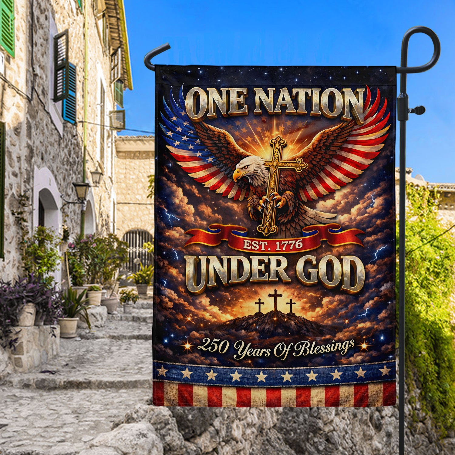 Christian One Nation Under God Est 1776 250th Anniversary USA House Flag Eagle Cross Patriotic Faith Banner
