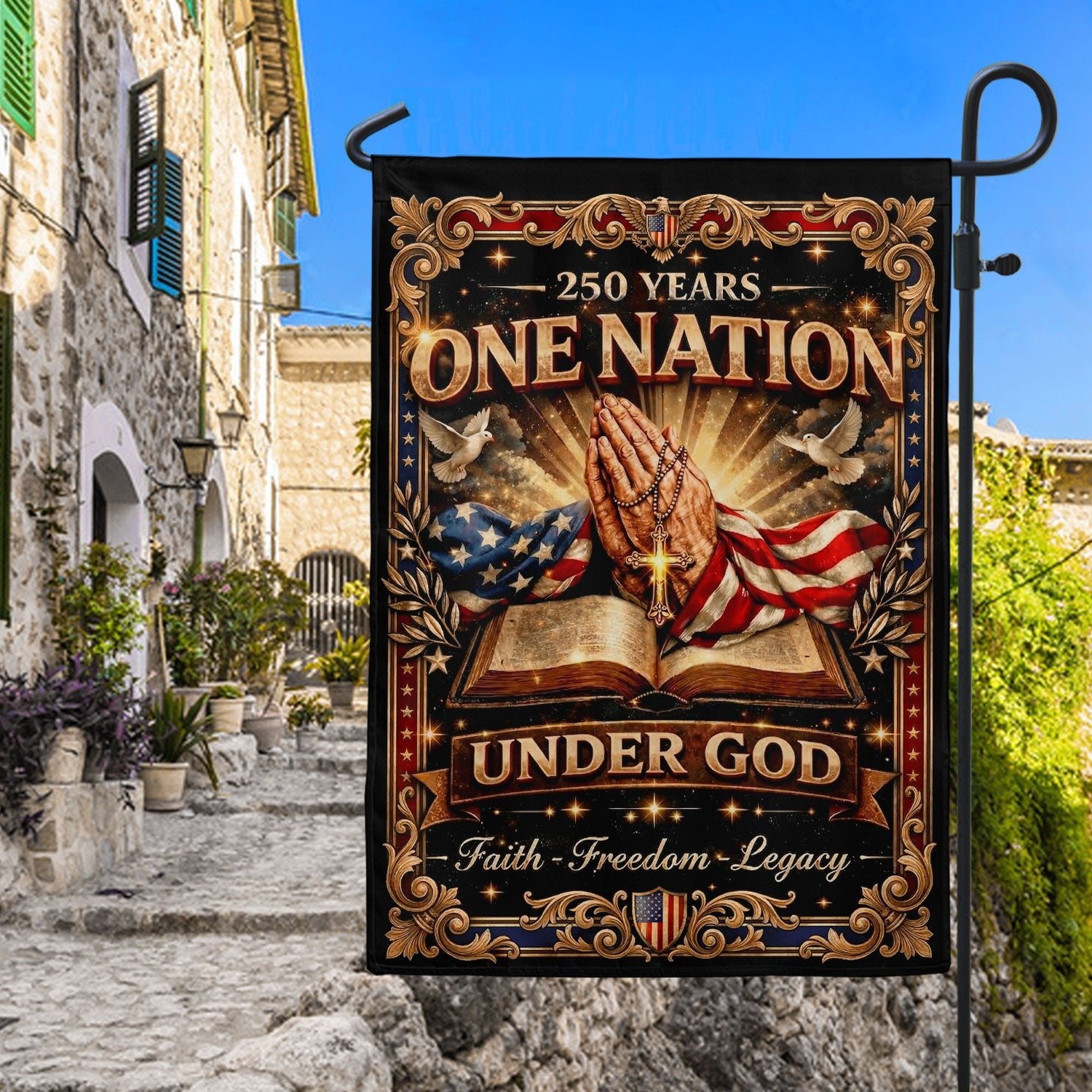 Christian One Nation Under God 250th Anniversary USA House Flag Prayer Bible Faith Freedom Patriotic Design - Rust Field Wear