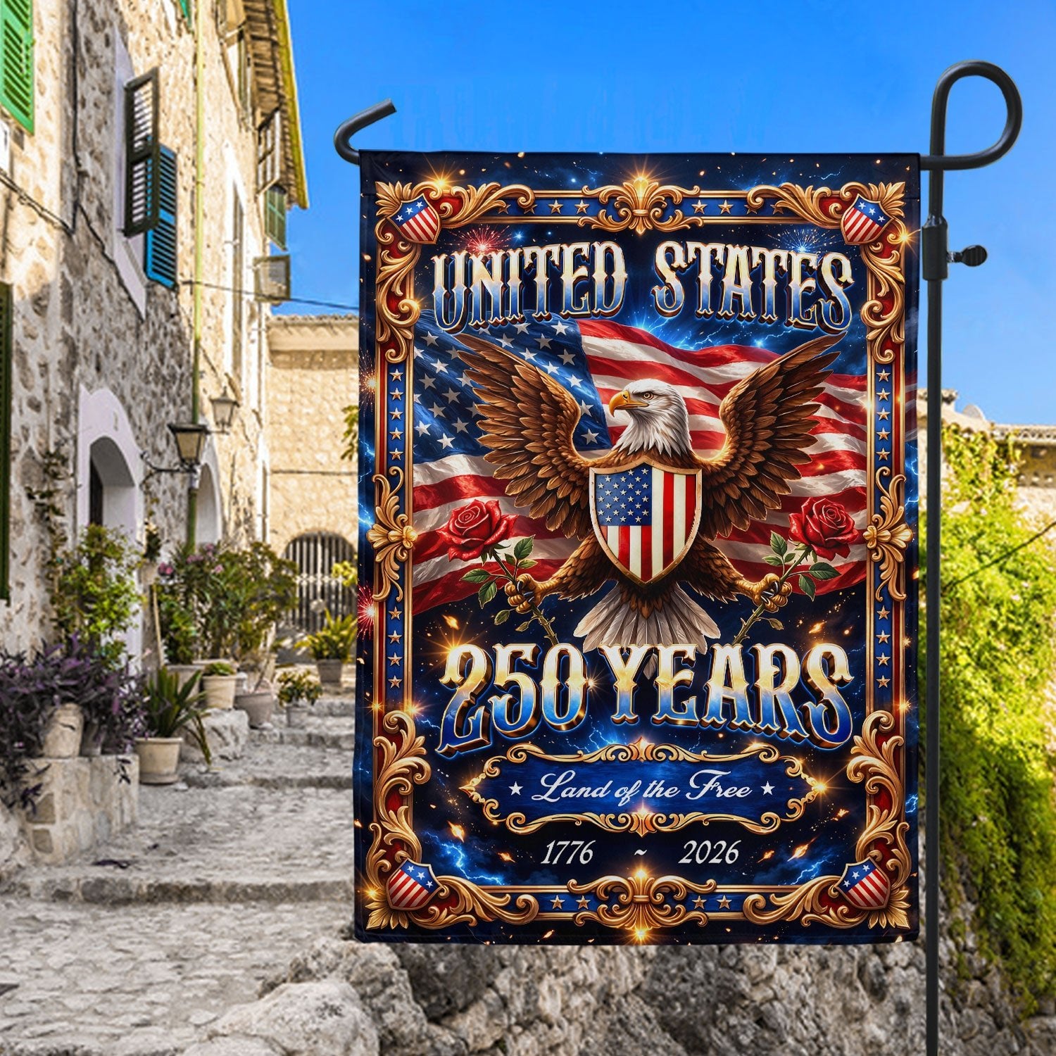 United States 250 Years Garden Flag Eagle Patriotic 1776 2026 Land of the Free - Rust Field Wear