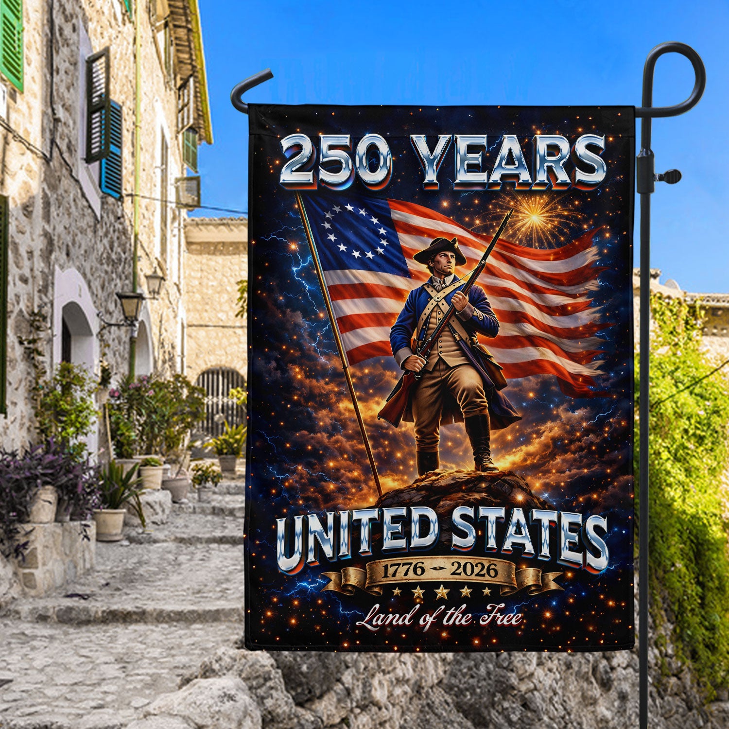 250 Years United States House Flag Patriotic Soldier 1776 - 2026 Land of the Free Banner